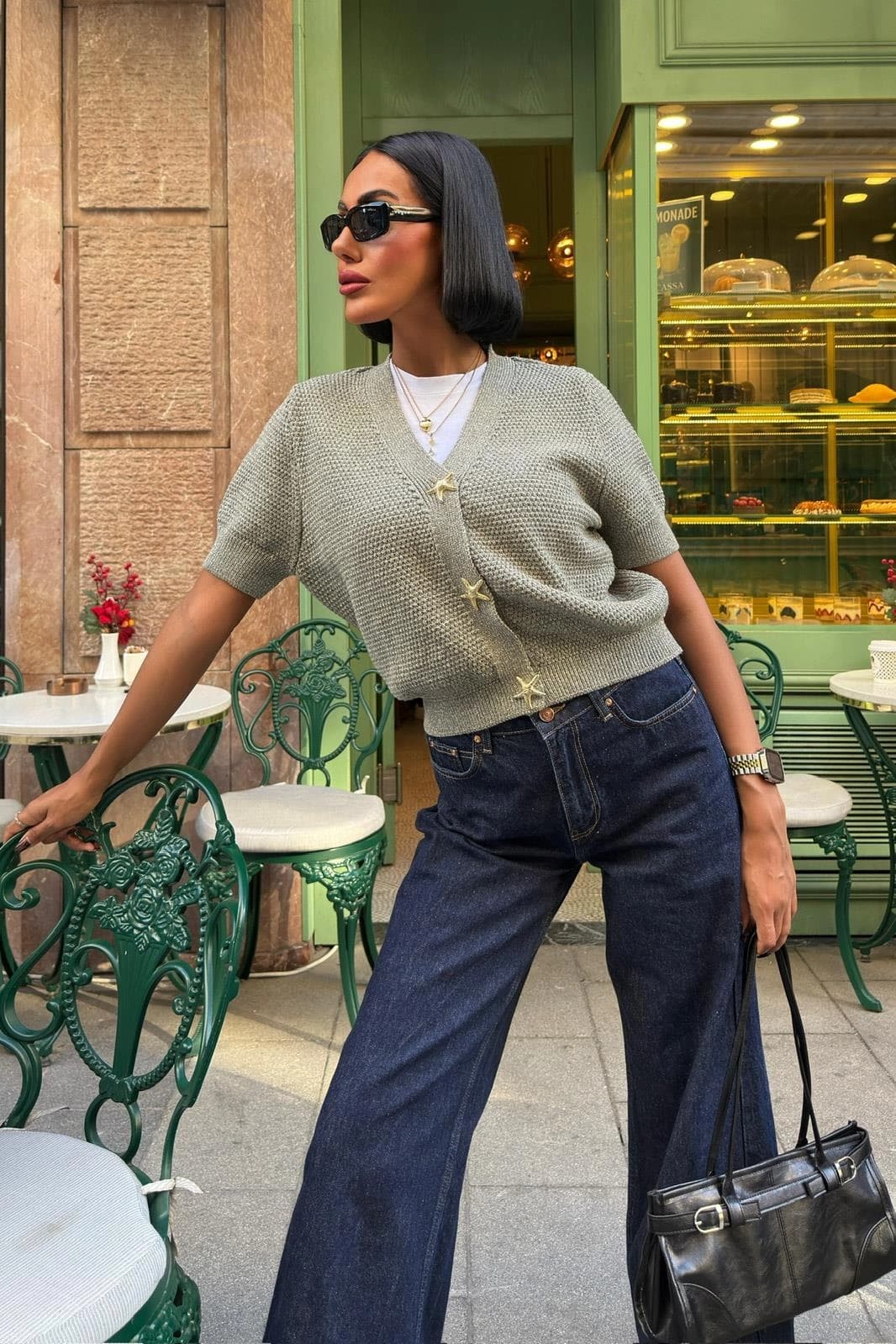 Cropped Pastel Yellow Knit Cardigan with Star Buttons & White Lace Tiered Mini Skirt – Romantic Summer Two-Piece Set - görsel 3