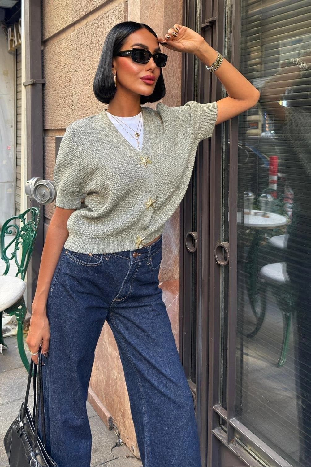 Cropped Pastel Yellow Knit Cardigan with Star Buttons & White Lace Tiered Mini Skirt – Romantic Summer Two-Piece Set - görsel 5