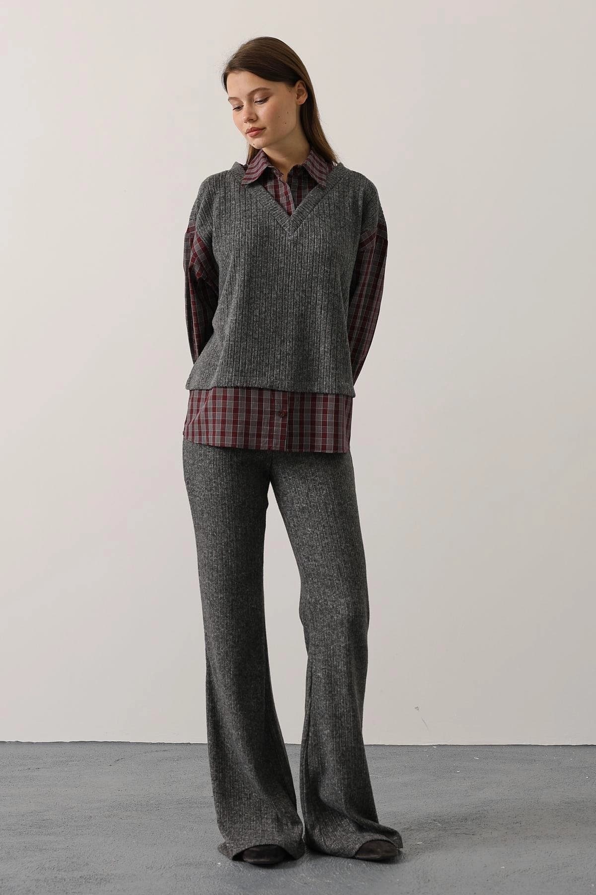 Dark Academia Knit Suit, Ribbed Sweater Vest and Wide Leg Pants Set - görsel 5