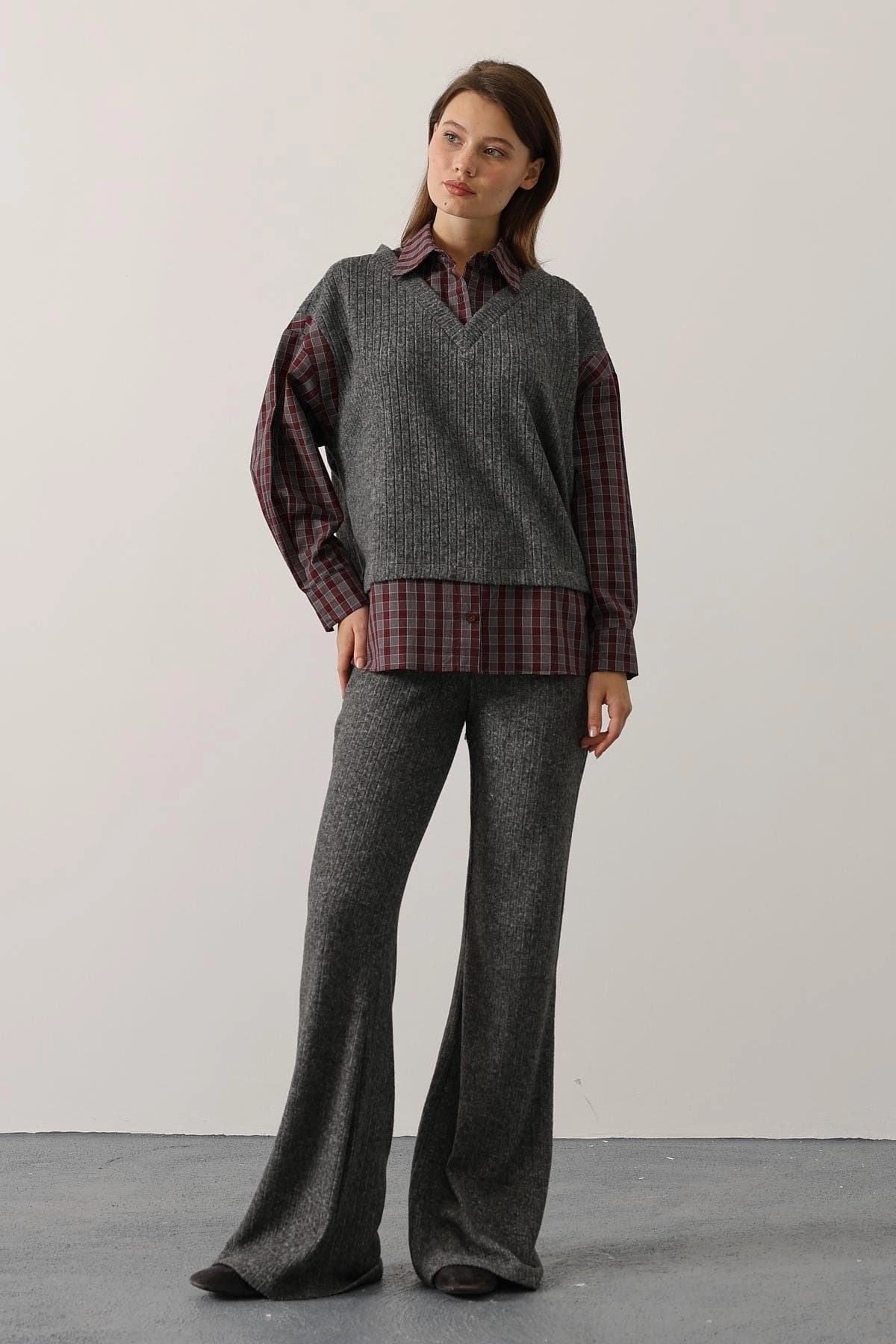 Dark Academia Knit Suit, Ribbed Sweater Vest and Wide Leg Pants Set - görsel 6