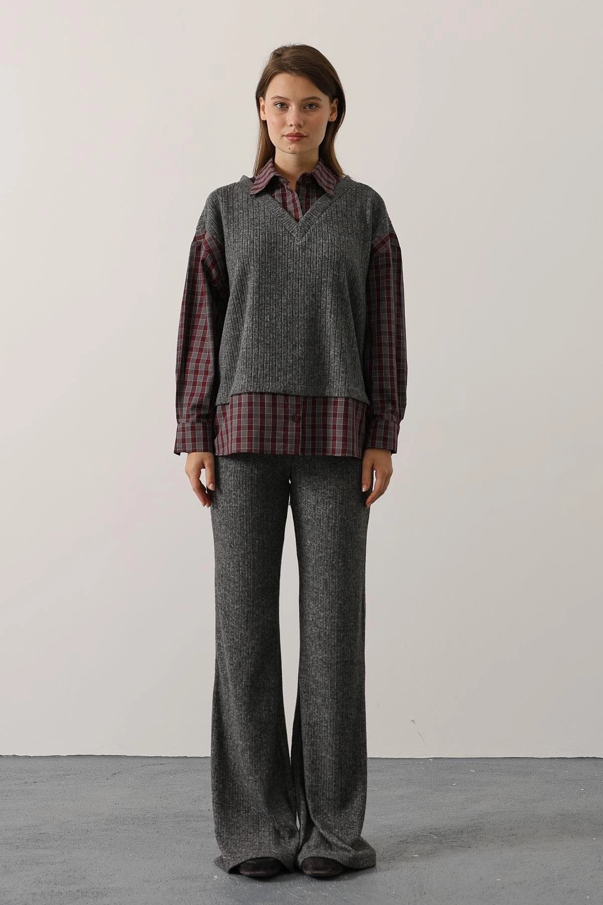 Dark Academia Knit Suit, Ribbed Sweater Vest and Wide Leg Pants Set - ana görsel