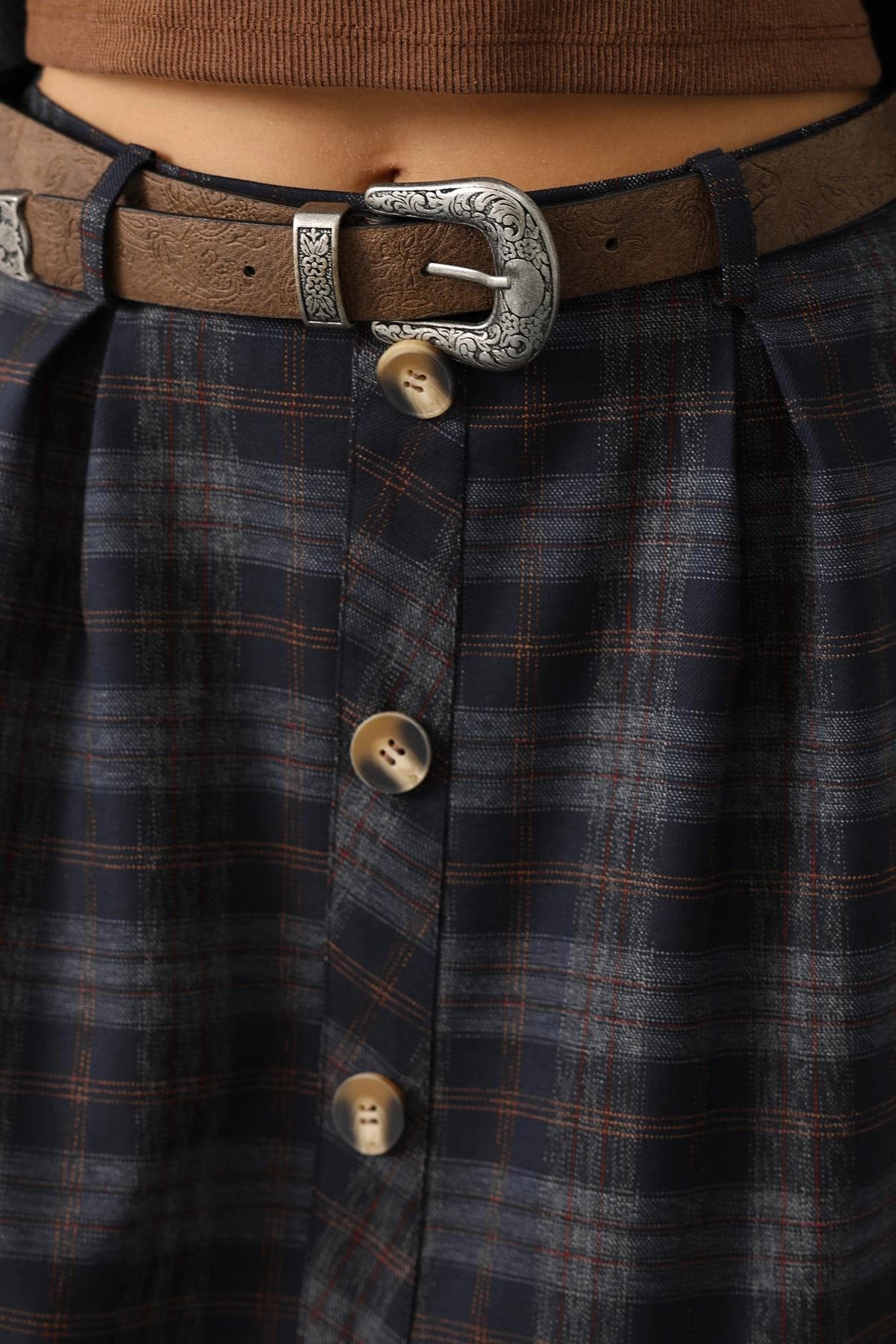 Dark Academia Plaid Wool Skirt, High Waist Button Front Midi Skirt, Vintage Style A-Line Tartan Skirt for Women, Fall Winter Fashion - görsel 2