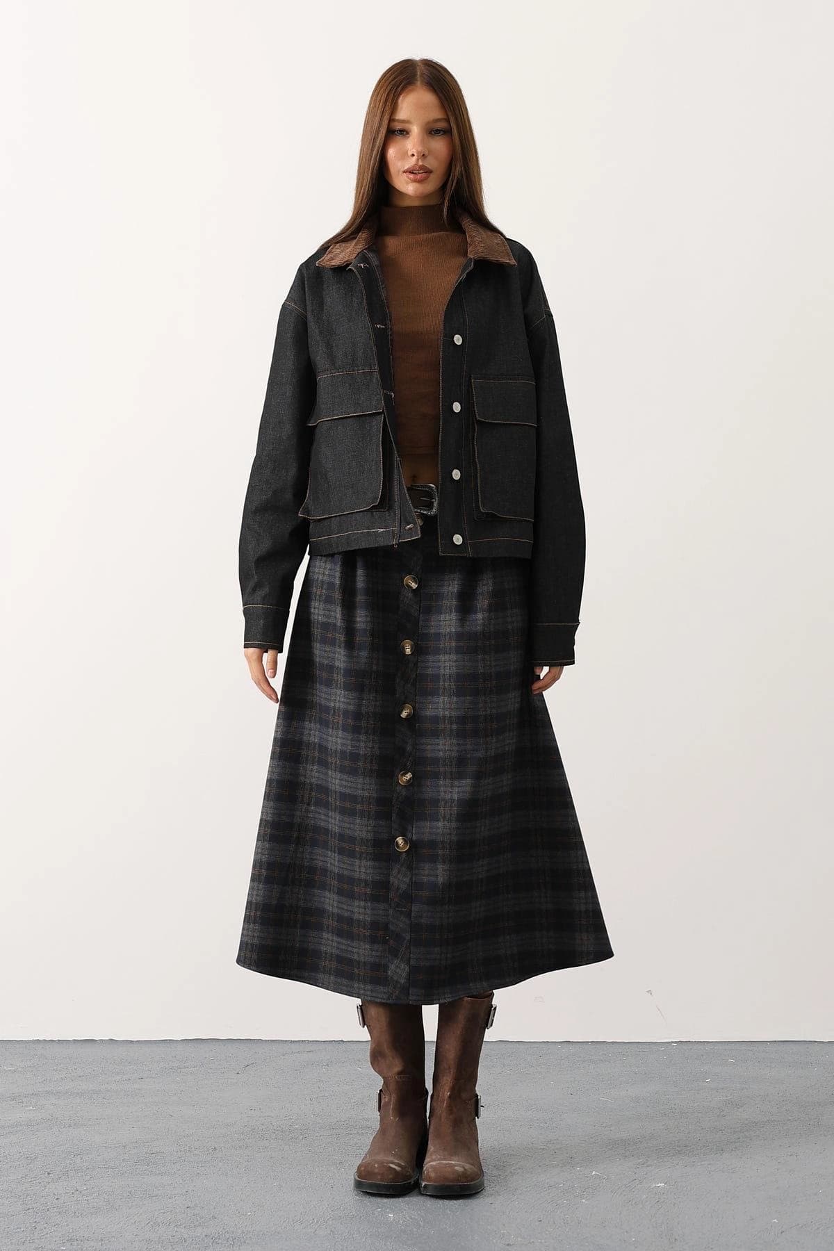 Dark Academia Plaid Wool Skirt, High Waist Button Front Midi Skirt, Vintage Style A-Line Tartan Skirt for Women, Fall Winter Fashion - görsel 3