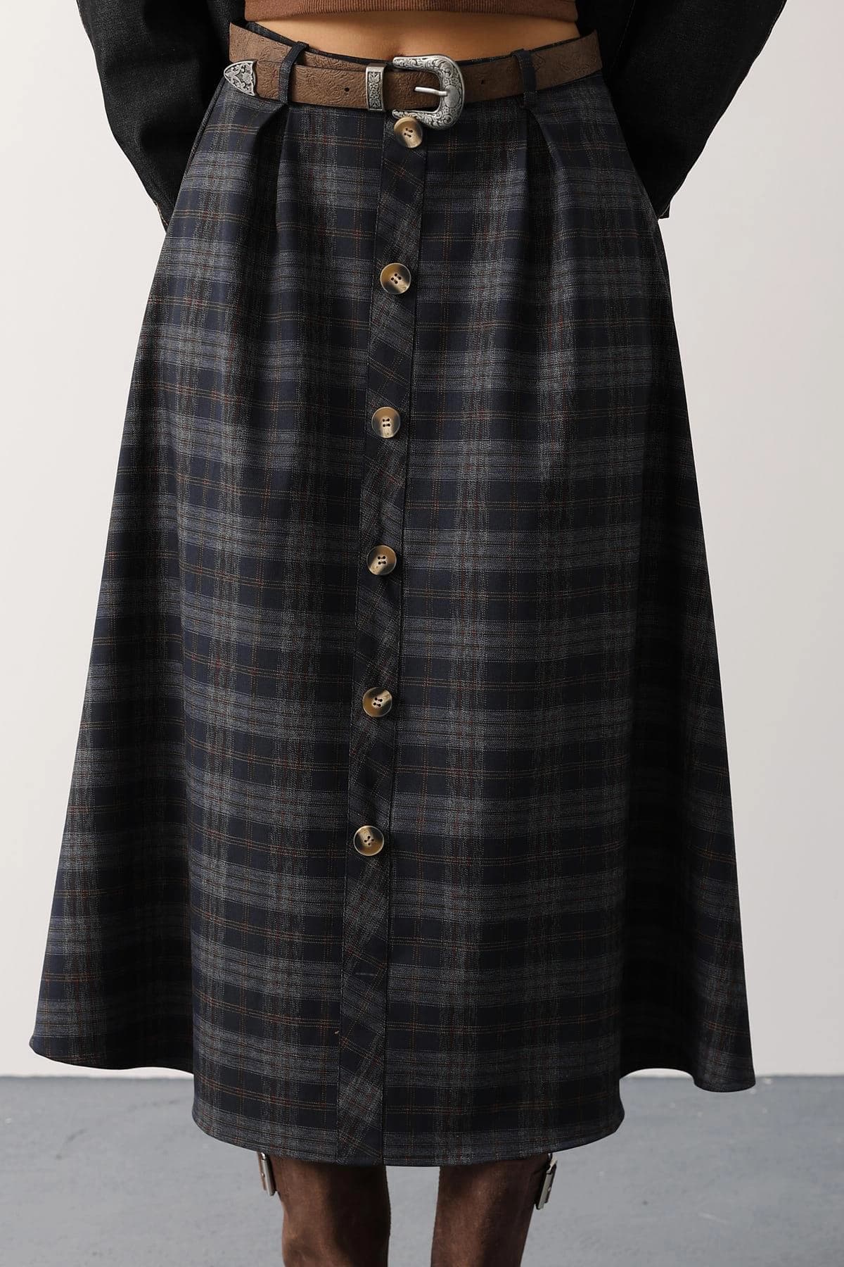 Dark Academia Plaid Wool Skirt, High Waist Button Front Midi Skirt, Vintage Style A-Line Tartan Skirt for Women, Fall Winter Fashion - görsel 5