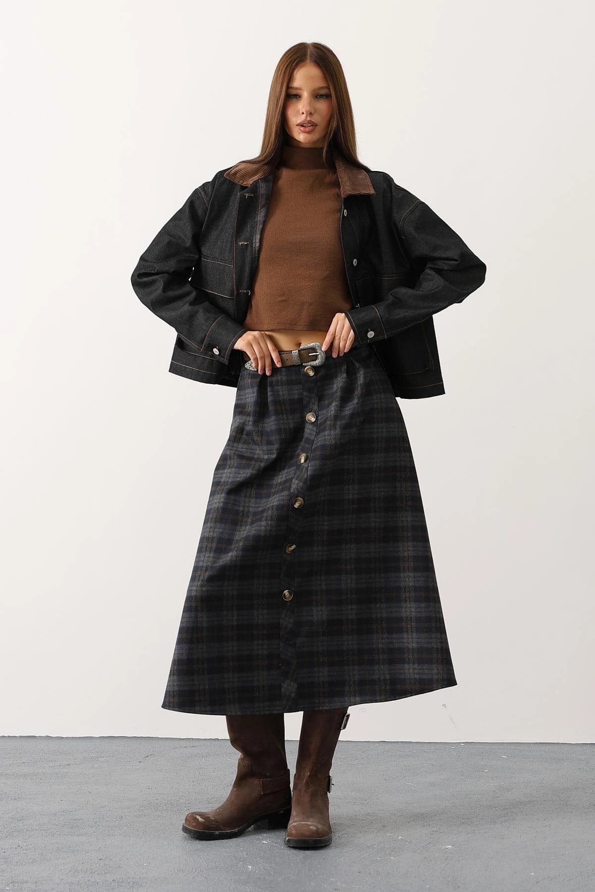 Dark Academia Plaid Wool Skirt, High Waist Button Front Midi Skirt, Vintage Style A-Line Tartan Skirt for Women, Fall Winter Fashion - ana görsel