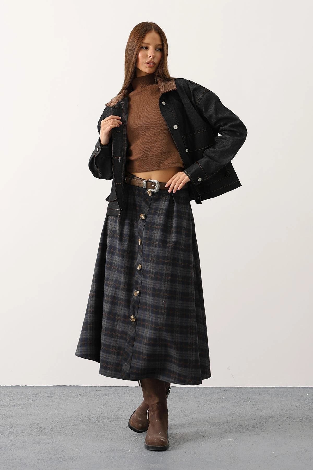 Dark Academia Plaid Wool Skirt, High Waist Button Front Midi Skirt, Vintage Style A-Line Tartan Skirt for Women, Fall Winter Fashion - görsel 1