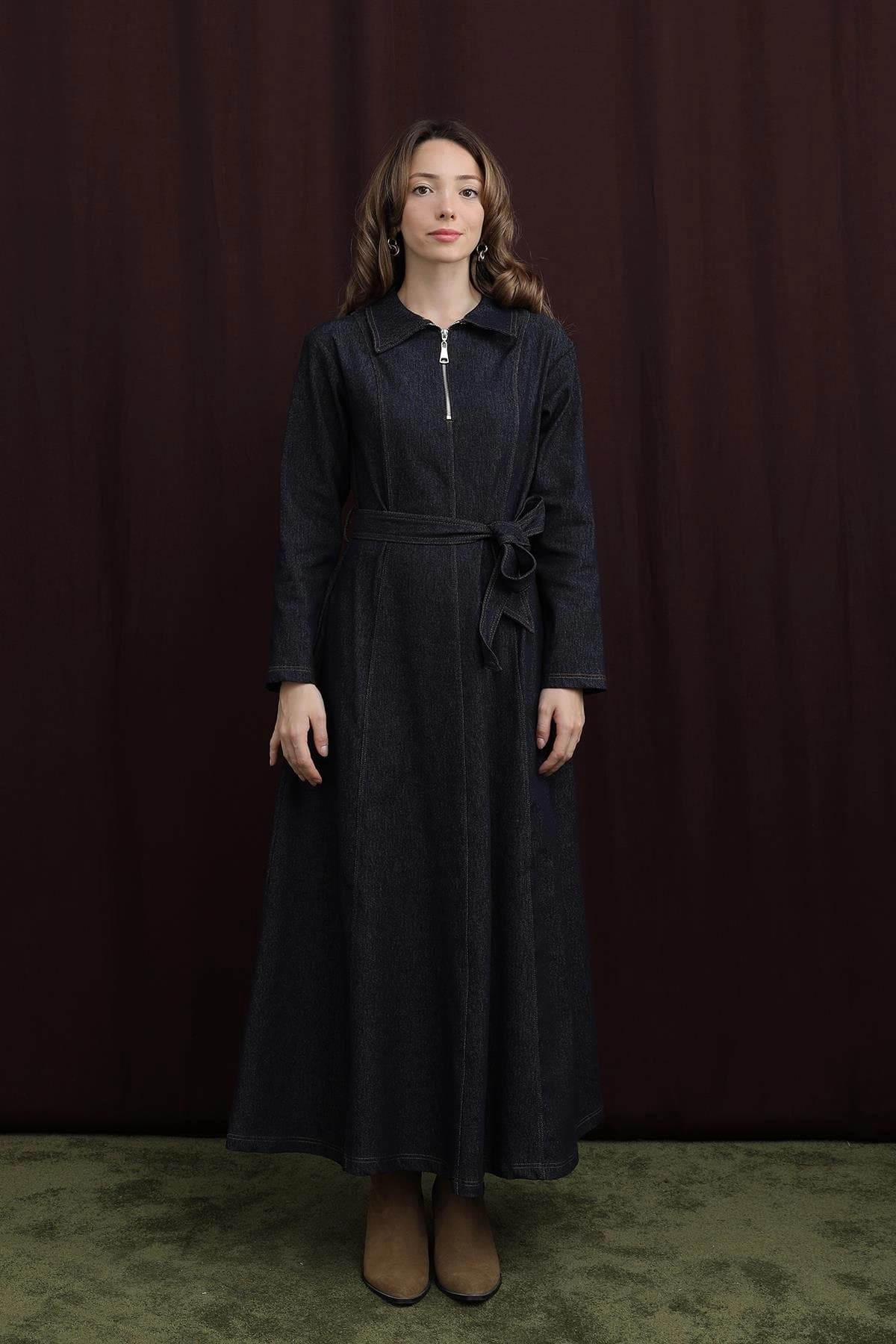 Denim Maxi Dress, Long Sleeve Zip Front Dress, Dark Wash Jean Shirtdress, Modest Vintage Inspired A Line Dress with Belt, 70s Style