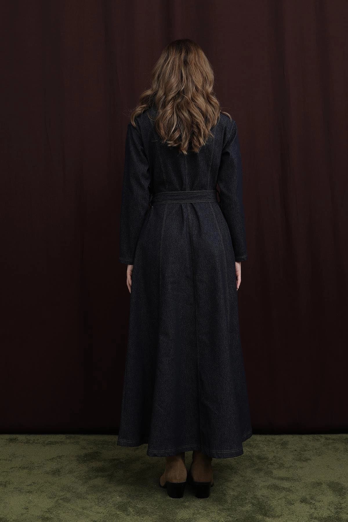 Denim Maxi Dress, Long Sleeve Zip Front Dress, Dark Wash Jean Shirtdress, Modest Vintage Inspired A Line Dress with Belt, 70s Style - görsel 2