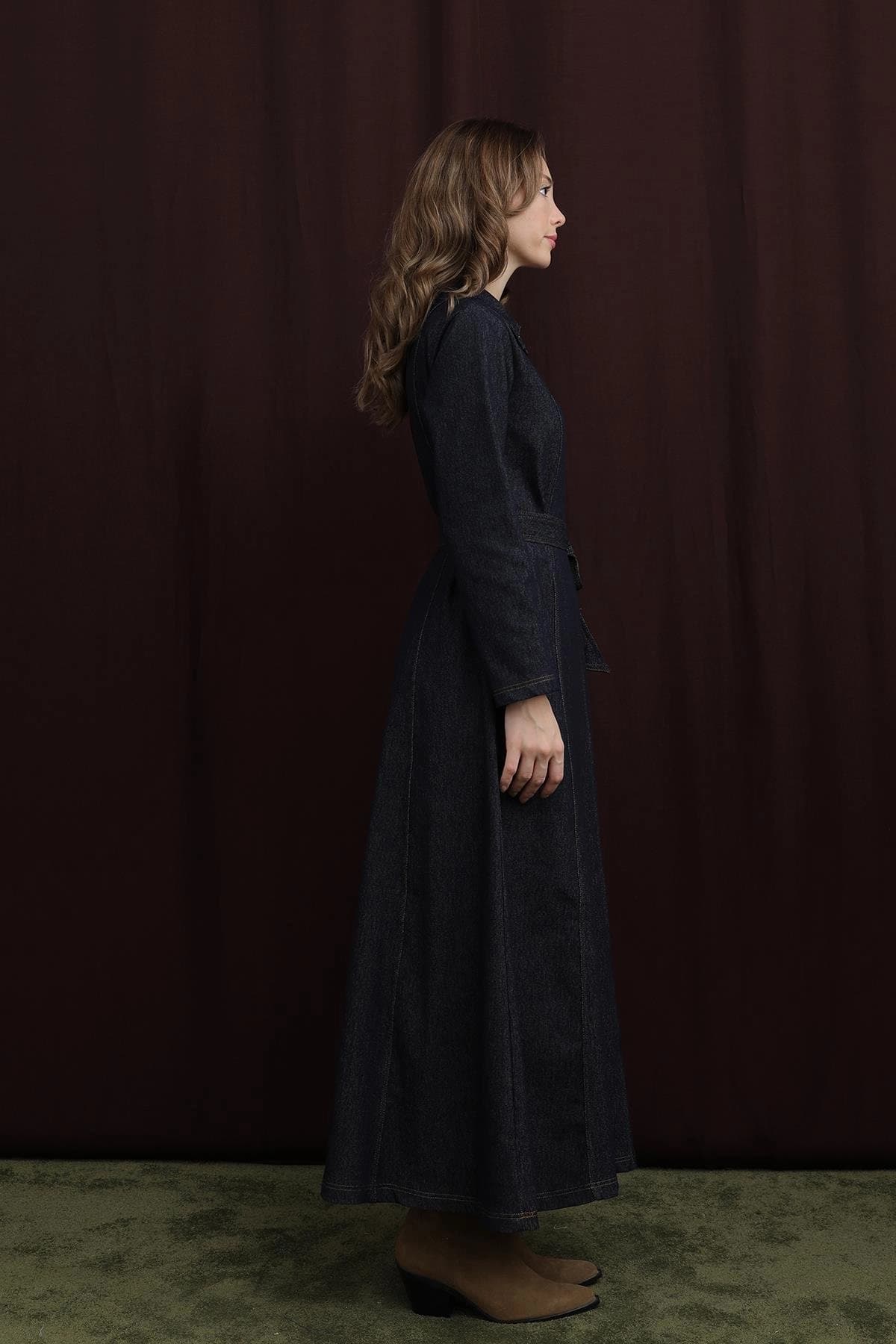 Denim Maxi Dress, Long Sleeve Zip Front Dress, Dark Wash Jean Shirtdress, Modest Vintage Inspired A Line Dress with Belt, 70s Style - görsel 3