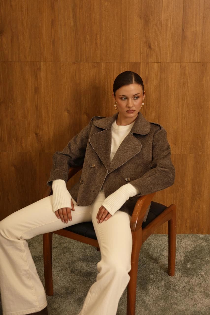 Double Breasted Wool Blazer Women | Taupe Brown Cropped Jacket | Oversized Boxy Fit Notched Lapel Office Blazer | Vintage Tailored Coat - 3. ürün görseli