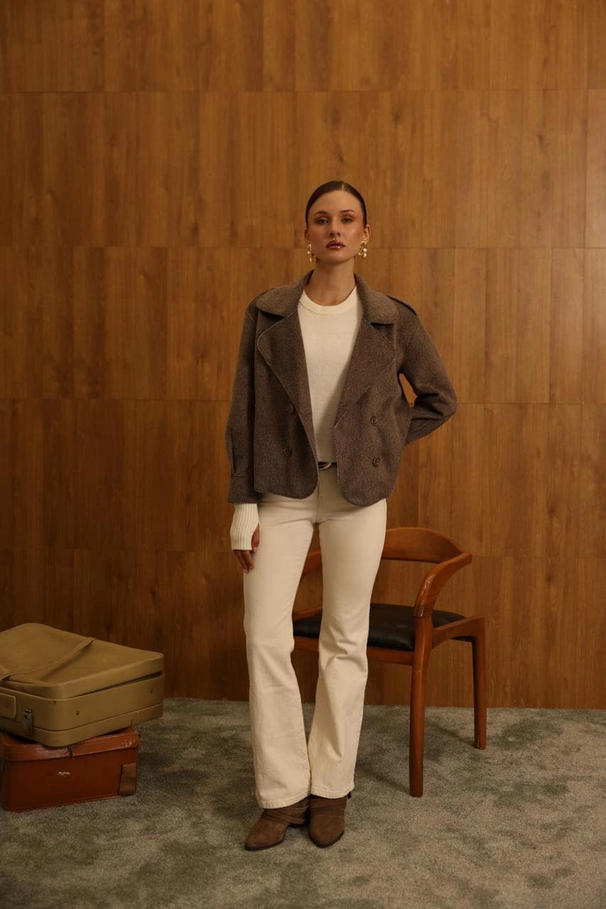 Double Breasted Wool Blazer Women | Taupe Brown Cropped Jacket | Oversized Boxy Fit Notched Lapel Office Blazer | Vintage Tailored Coat - 4. ürün görseli