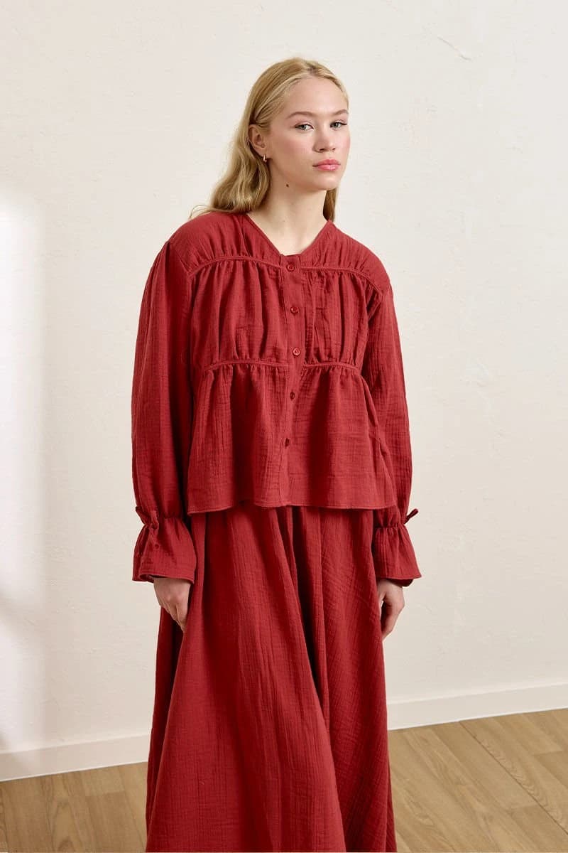 Ethereal Muslin Ensemble - Puff Sleeve Blouse & Gathered Floor-Length Skirt detailed view 5