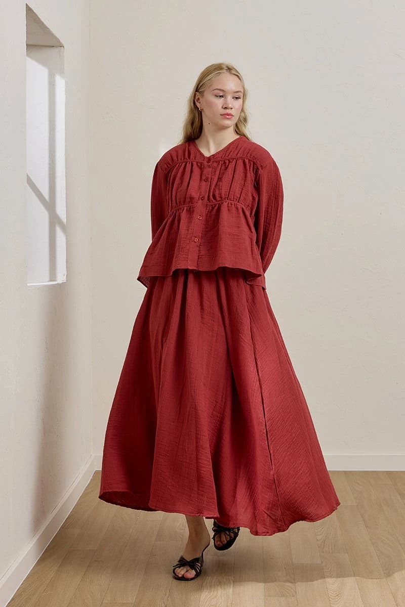 Ethereal Muslin Ensemble - Puff Sleeve Blouse & Gathered Floor-Length Skirt detailed view 4