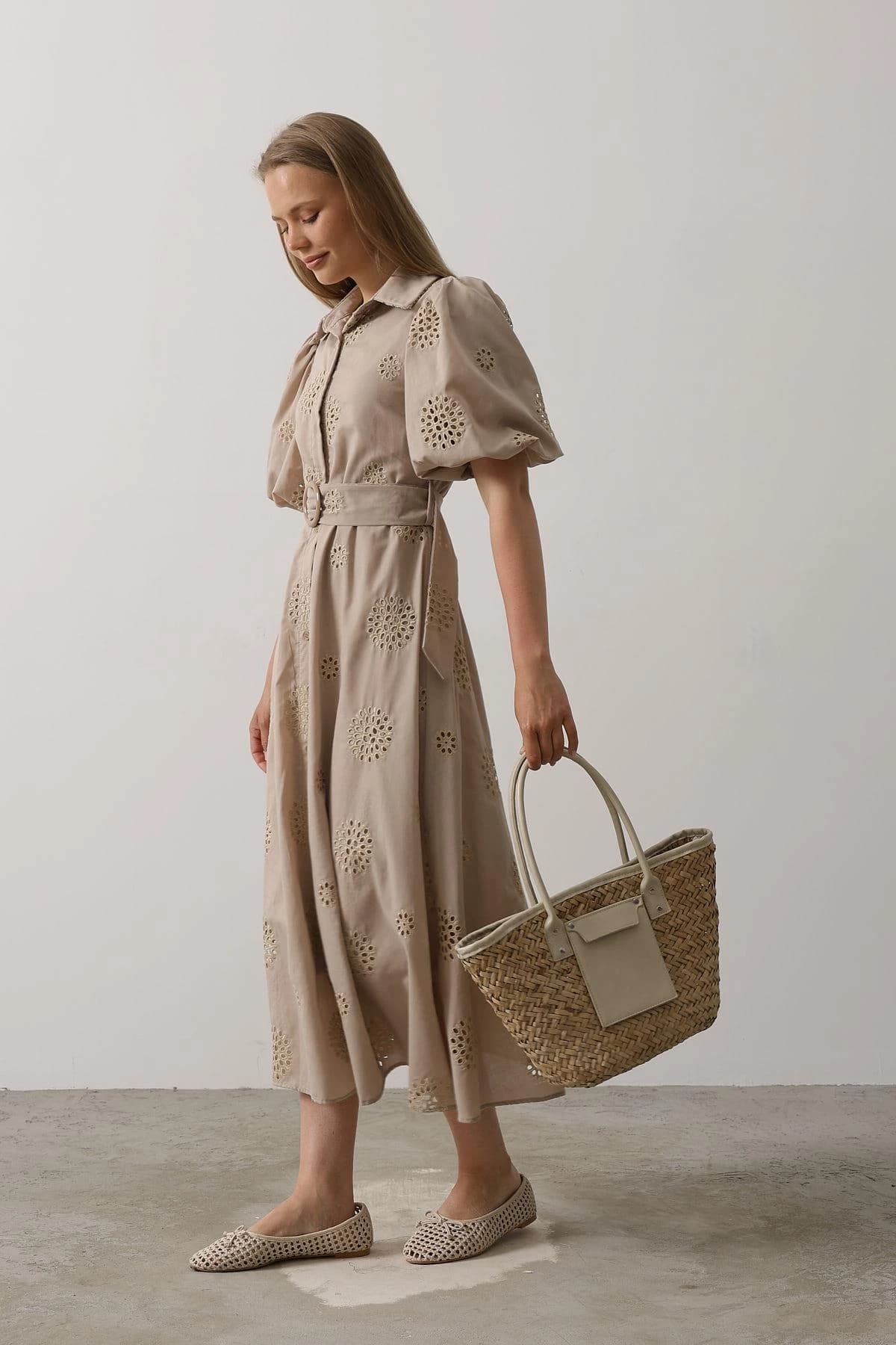 Eyelet Embroidered Midi Shirt Dress detailed view 5