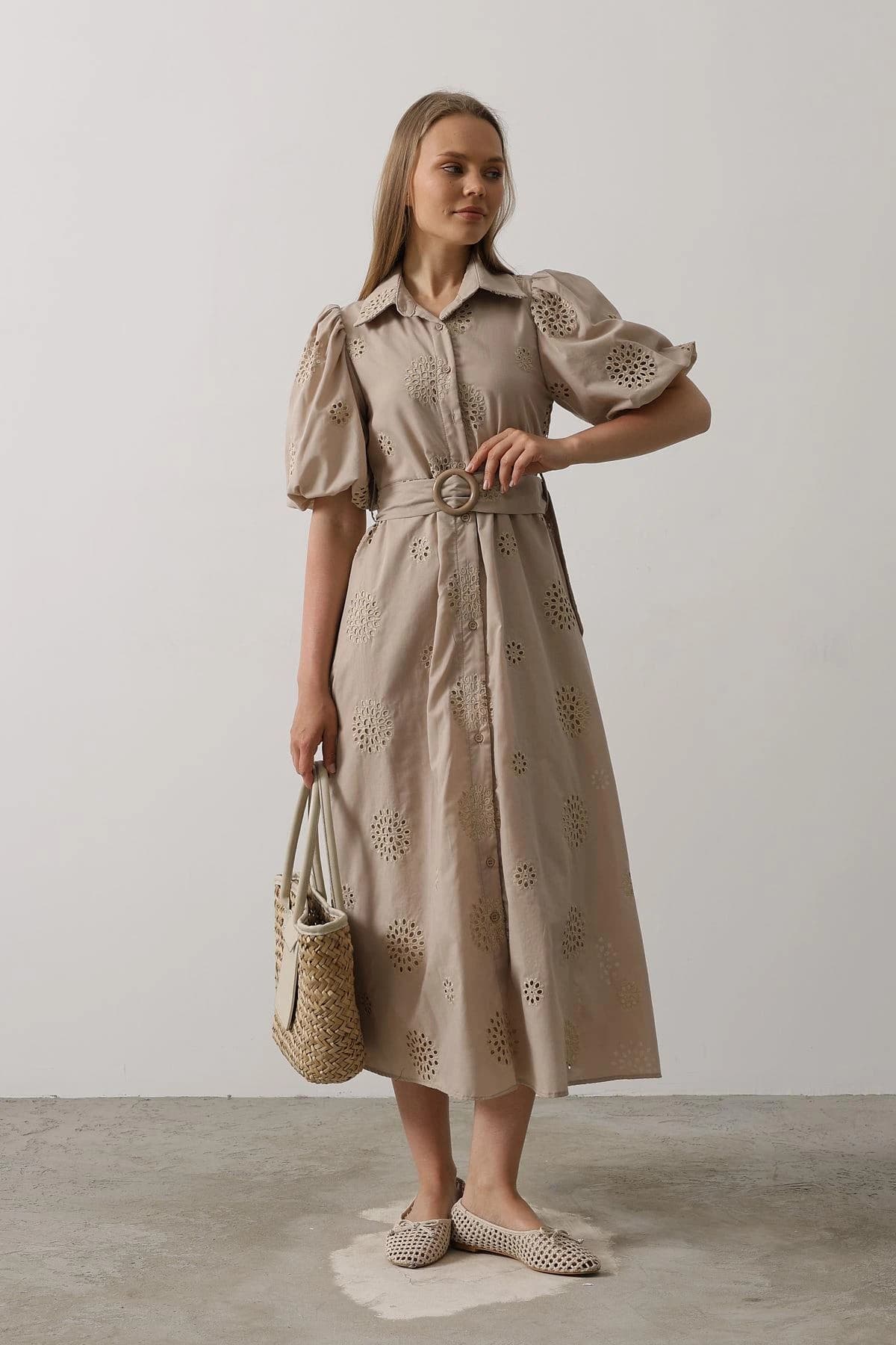 Eyelet Embroidered Midi Shirt Dress