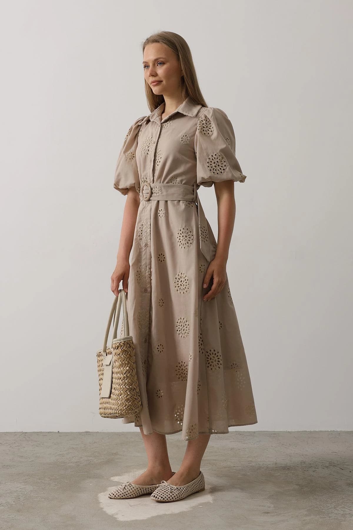 Eyelet Embroidered Midi Shirt Dress detailed view 2