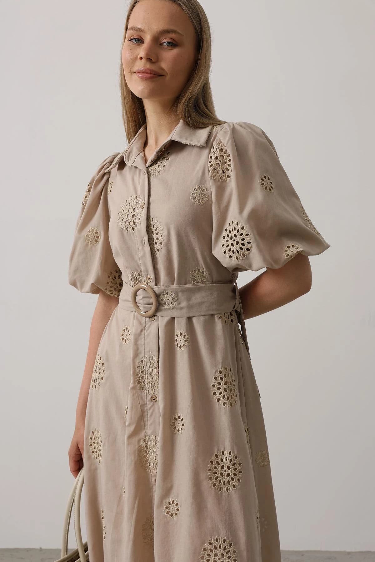 Eyelet Embroidered Midi Shirt Dress detailed view 3