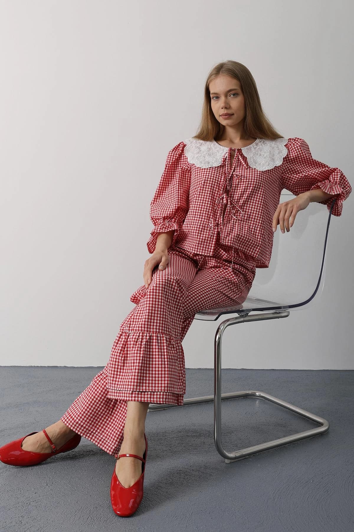 Gingham Co-ord Set Lace Collar Crop Top and High Waist Flare Pants detailed view 7