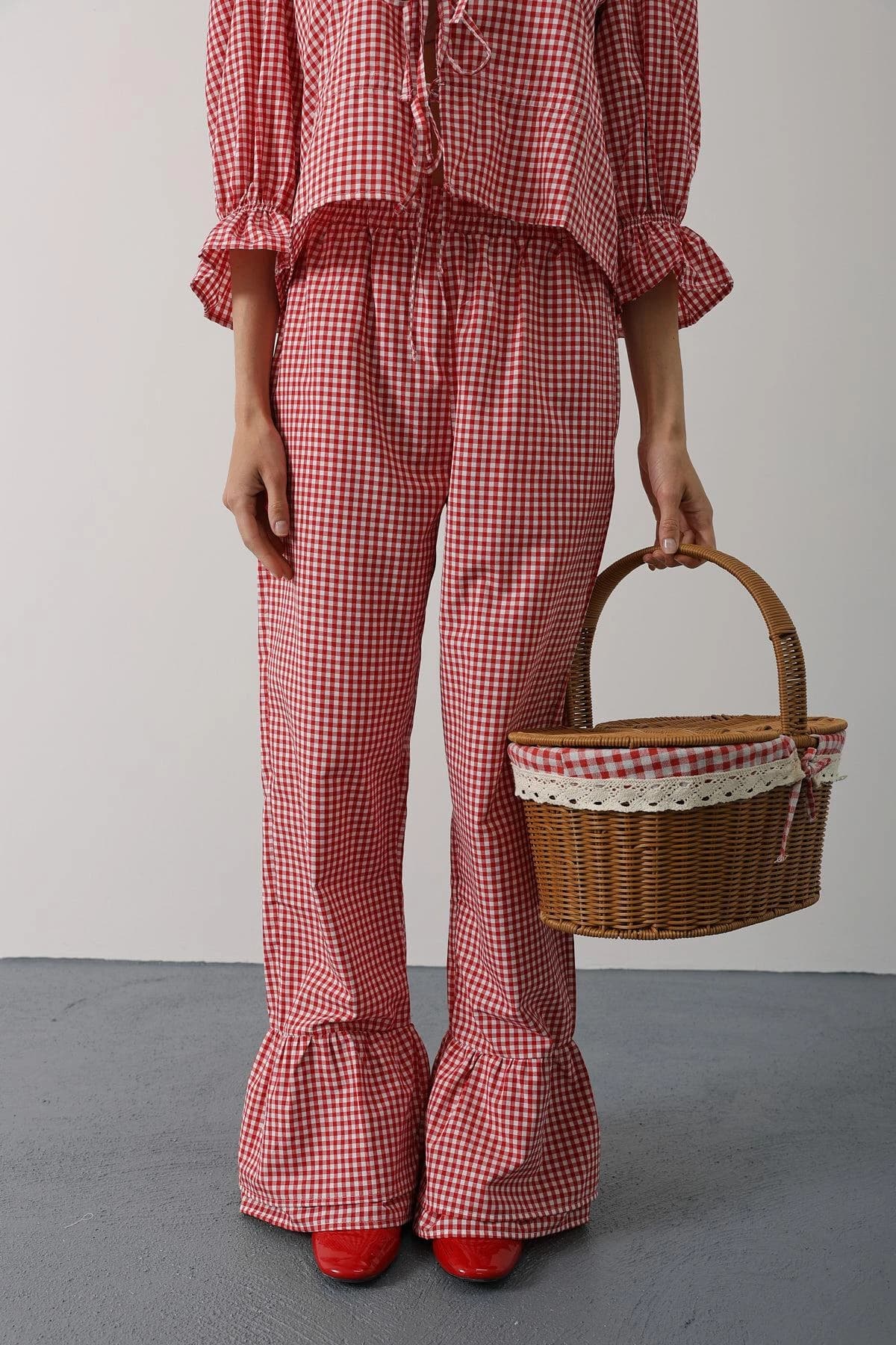 Gingham Co-ord Set Lace Collar Crop Top and High Waist Flare Pants detailed view 6