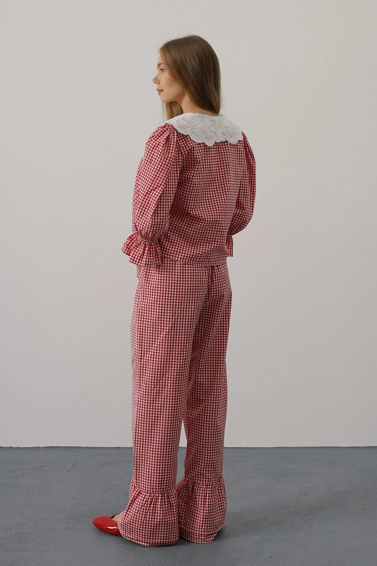 Gingham Co-ord Set Lace Collar Crop Top and High Waist Flare Pants detailed view 8