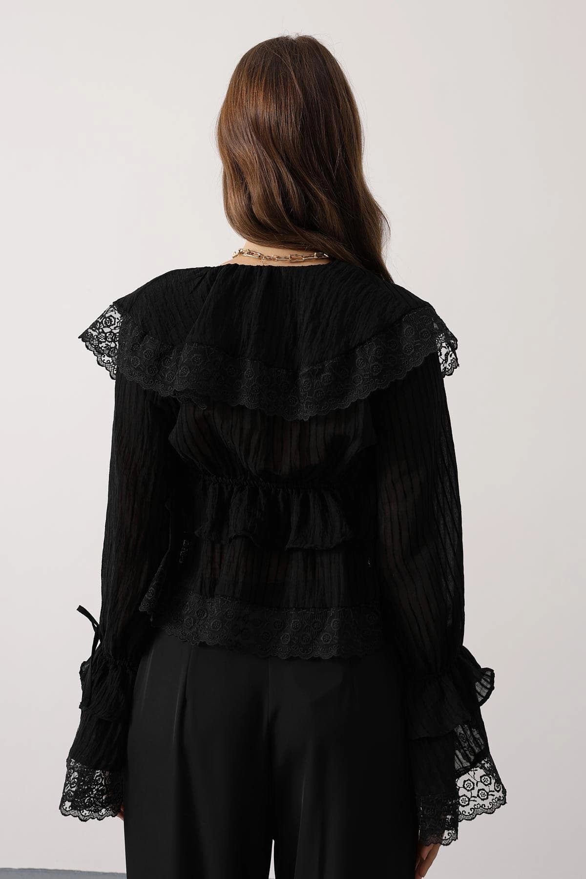 Gothic Black Lace Crop Top Ruffle Blouse Long Sleeve Victorian Romantic Dark Academia Women Fashion Vintage Style Shirt - görsel 5