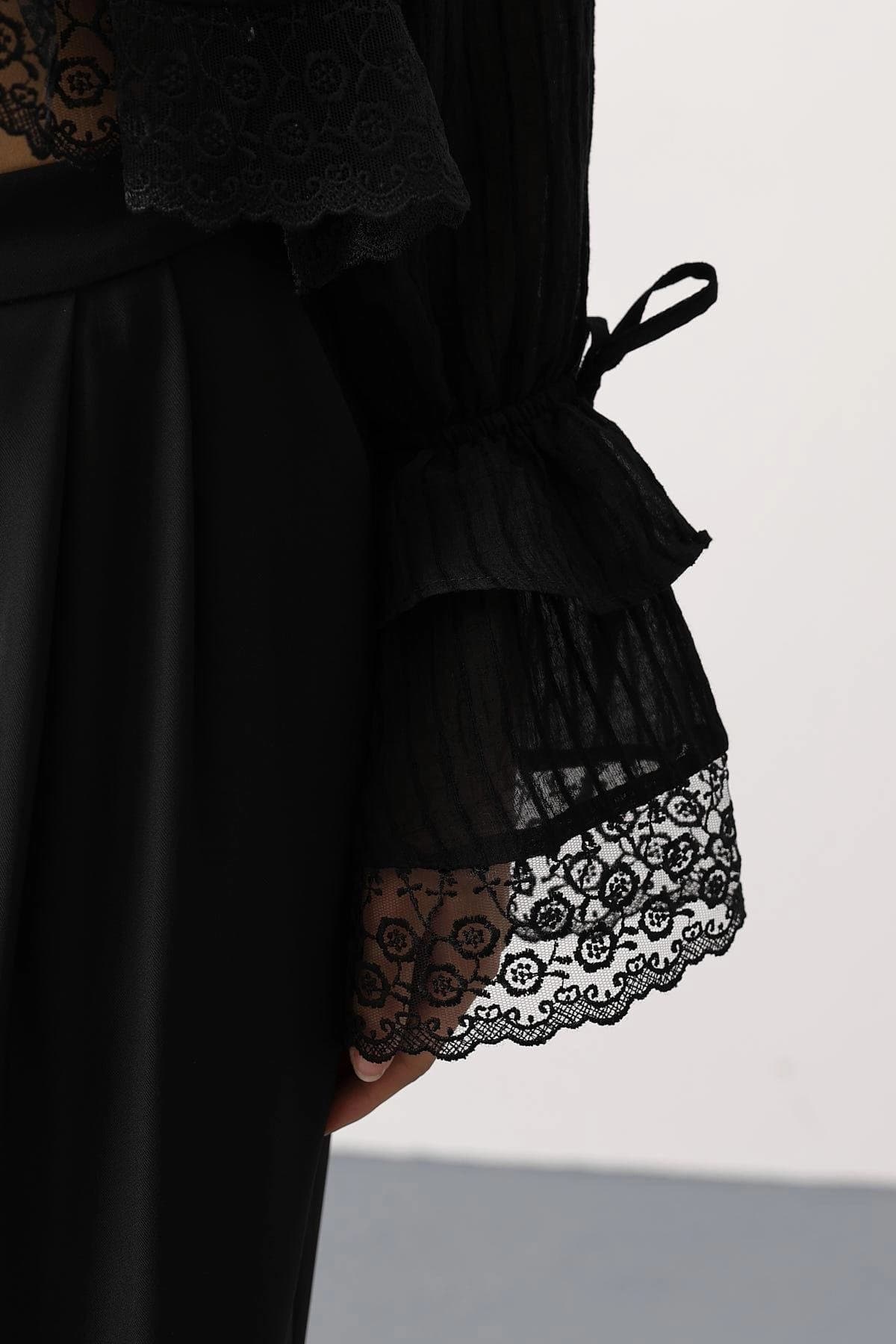 Gothic Black Lace Crop Top Ruffle Blouse Long Sleeve Victorian Romantic Dark Academia Women Fashion Vintage Style Shirt - görsel 2