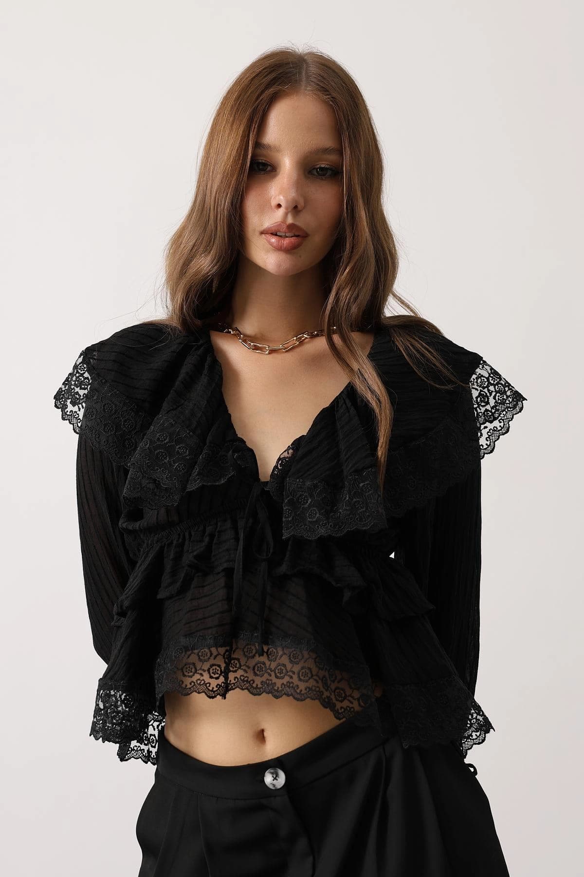 Gothic Black Lace Crop Top Ruffle Blouse Long Sleeve Victorian Romantic Dark Academia Women Fashion Vintage Style Shirt - görsel 6
