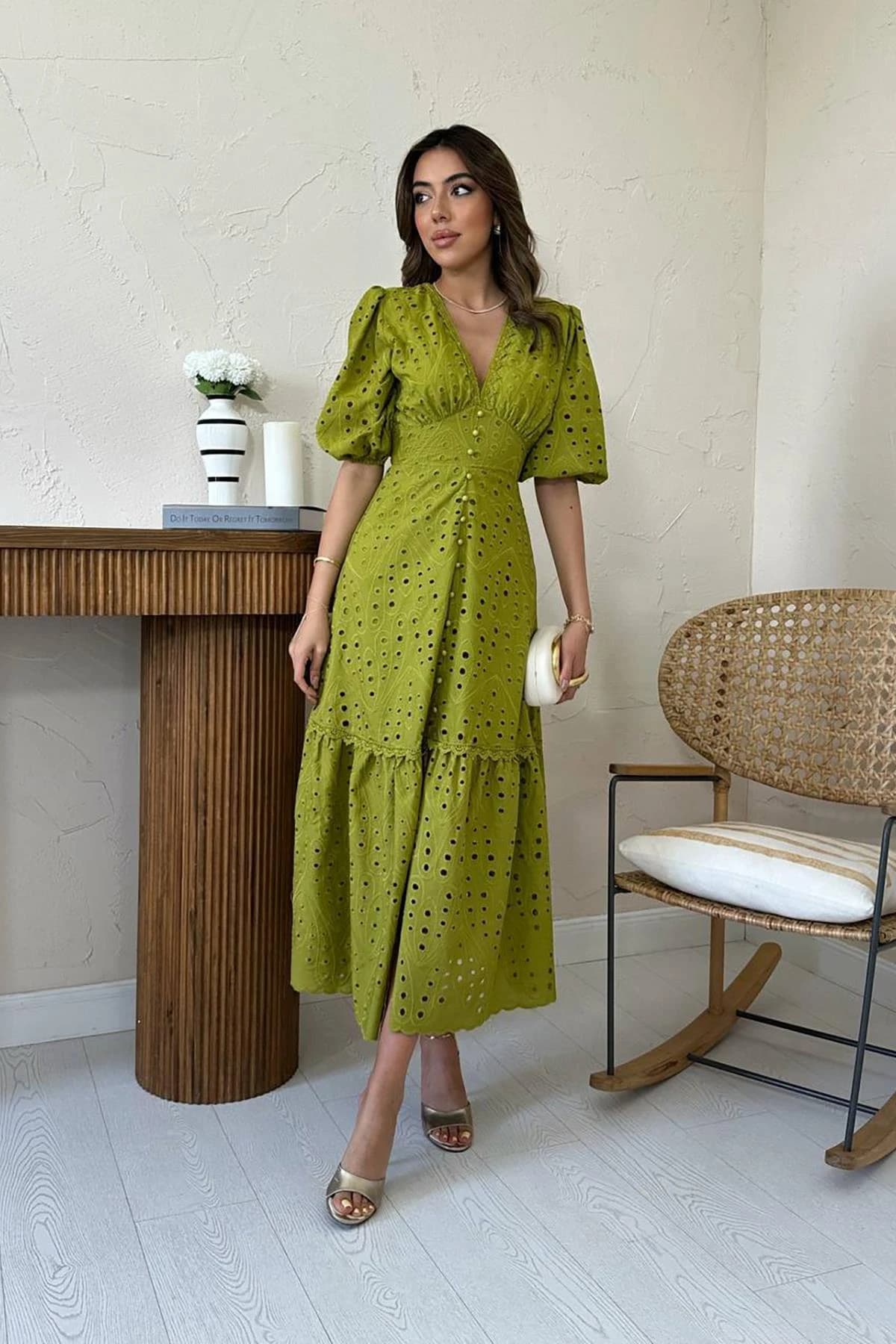 Green Eyelet Midi Dress Cottagecore Prairie Vintage Style V-Neck Puff Sleeve Tiered Dress Women Summer Boho Cotton Dress detailed view 2