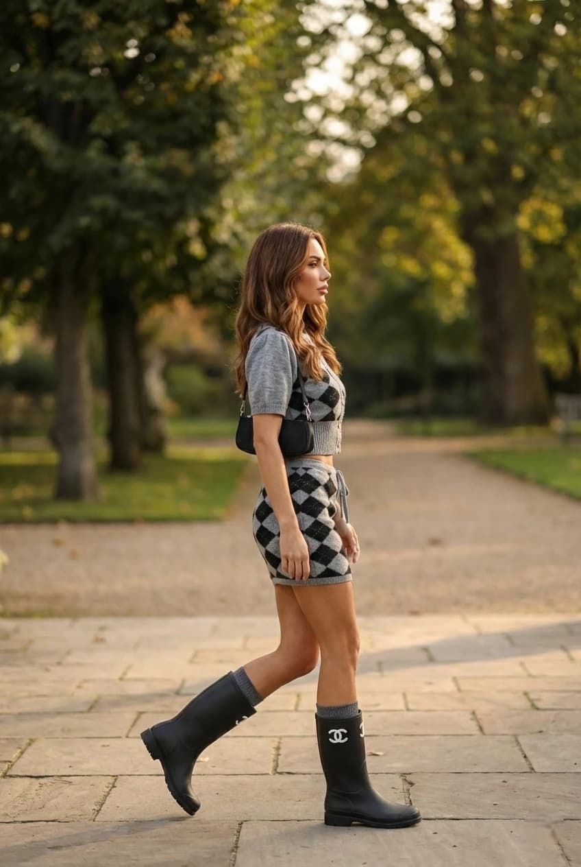 Monochrome diamond patterned co-ord set. Collegiate short-sleeved sweater and snug mini-skirt with cinch cord.