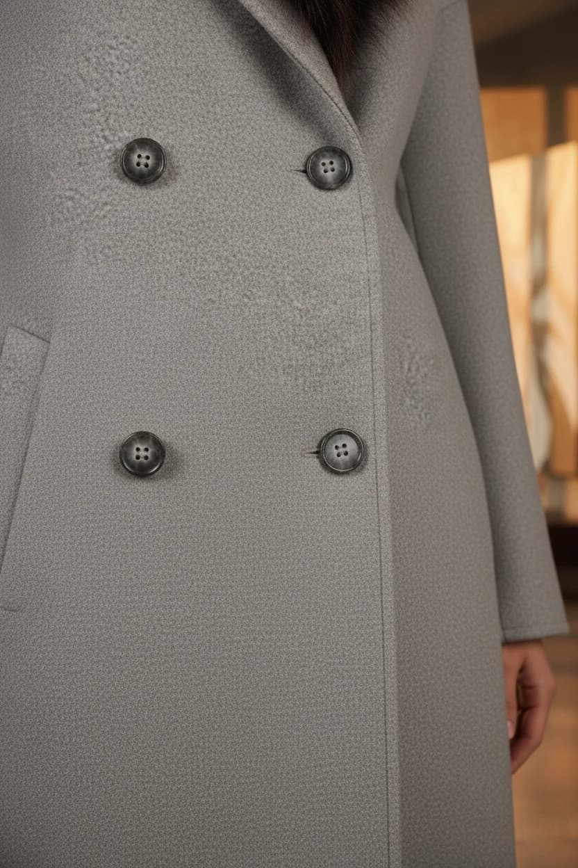 Grey Wool Coat with Faux Fur Collar | Double Breasted Long Overcoat detailed view 3