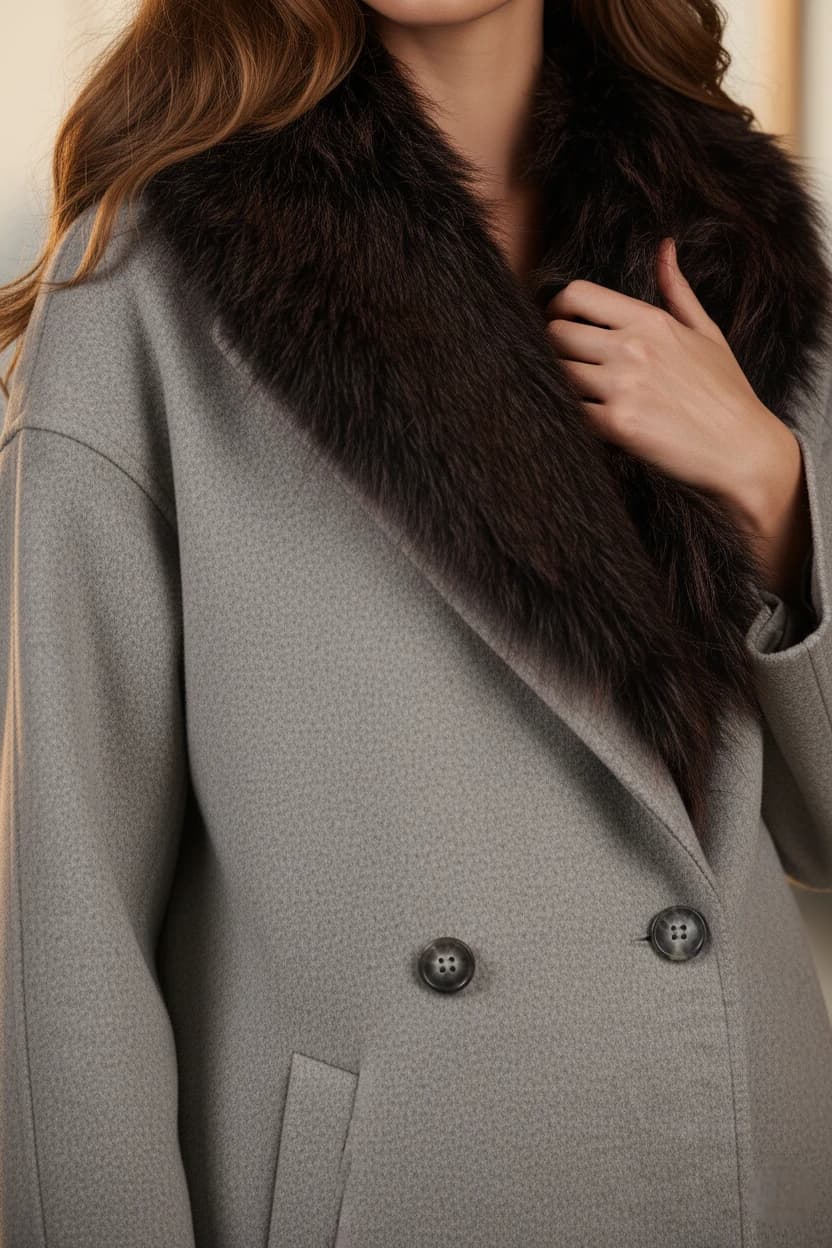 Grey Wool Coat with Faux Fur Collar | Double Breasted Long Overcoat detailed view 5