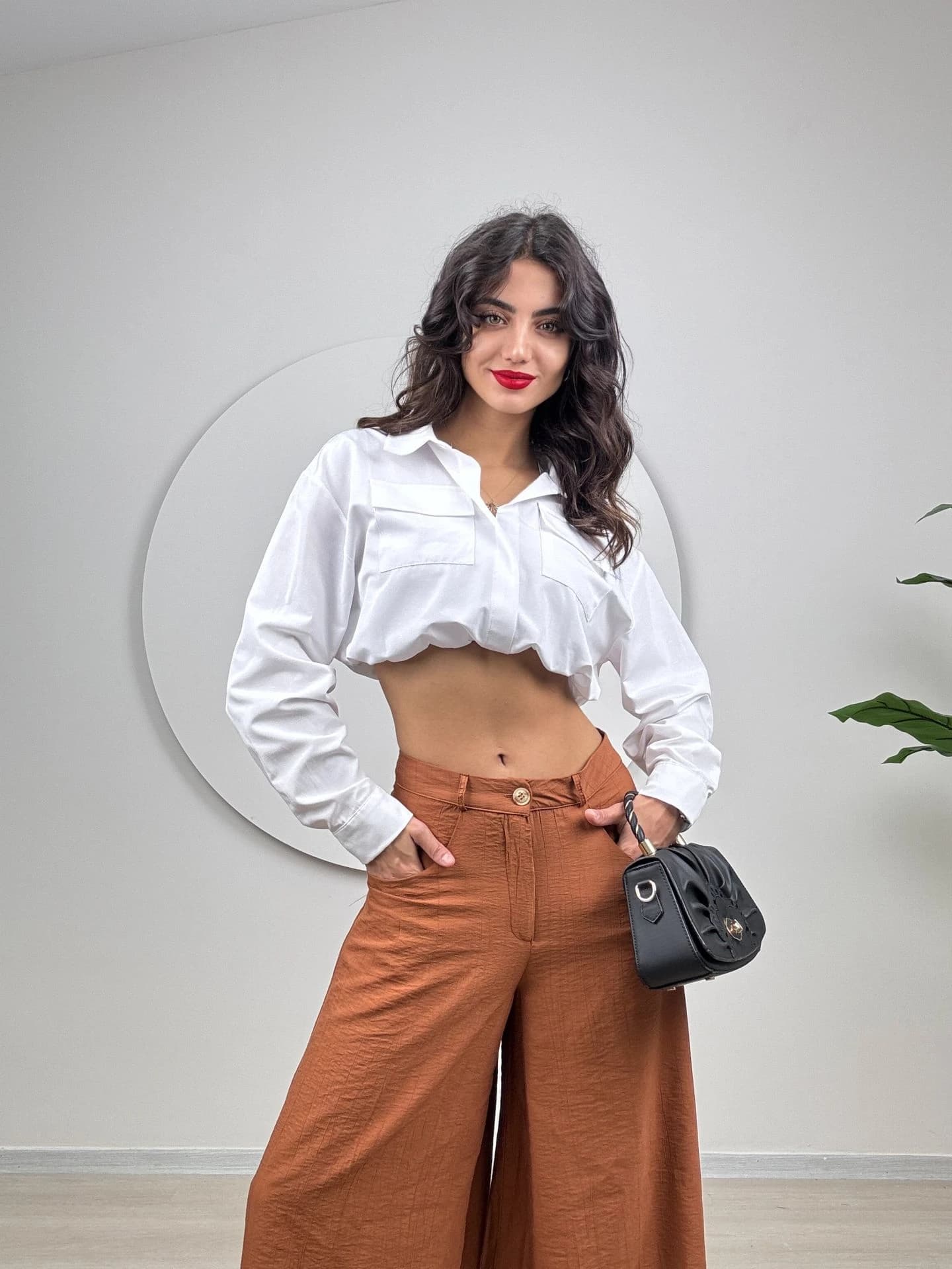 High Waist Wide Leg Palazzo Pants Terracotta Elegant Flowy Trousers Boho Chic Summer Pants detailed view 2