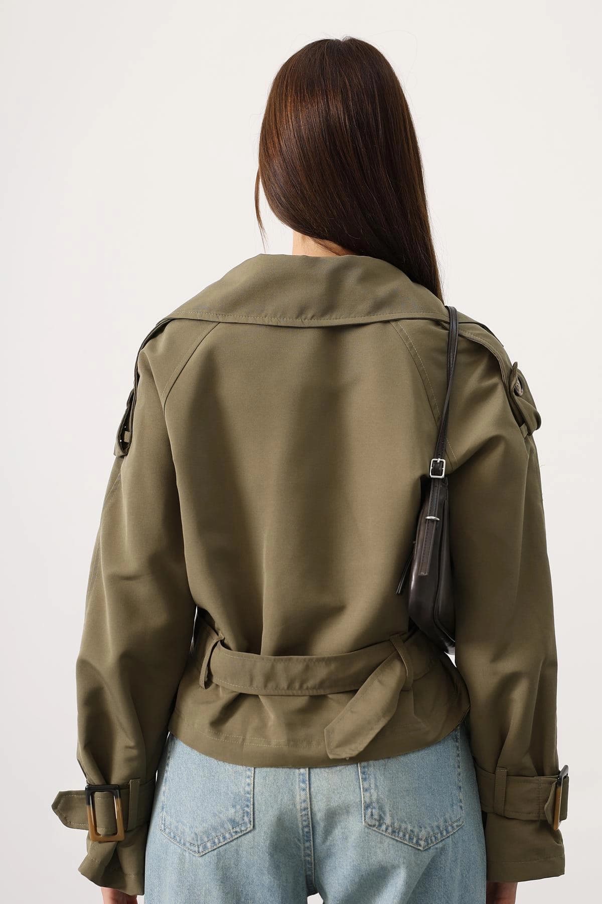 Khaki Cropped Trench Jacket Womens Belted Double Breasted Short Trench Coat - görsel 1