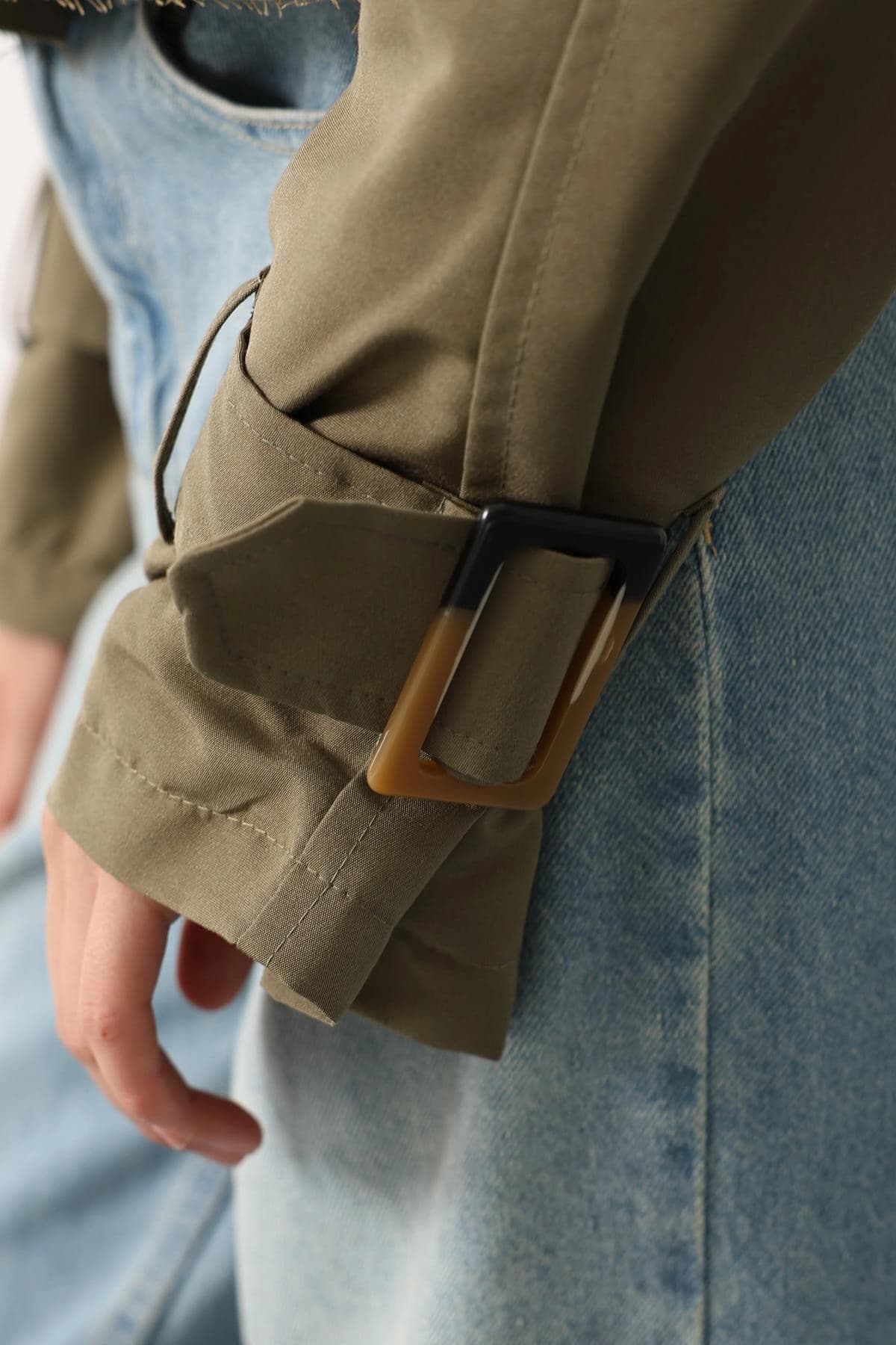 Khaki Cropped Trench Jacket Womens Belted Double Breasted Short Trench Coat - görsel 2