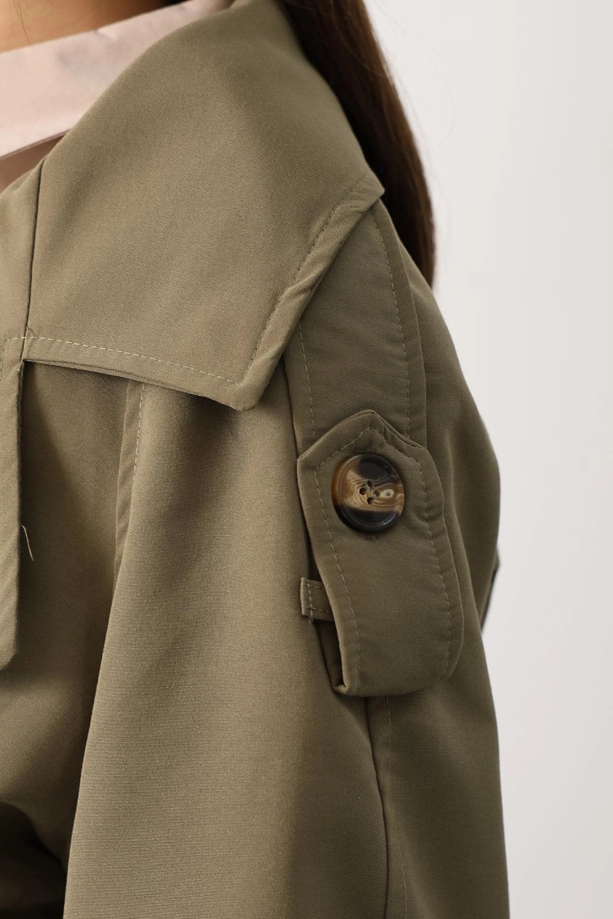 Khaki Cropped Trench Jacket Womens Belted Double Breasted Short Trench Coat - görsel 3