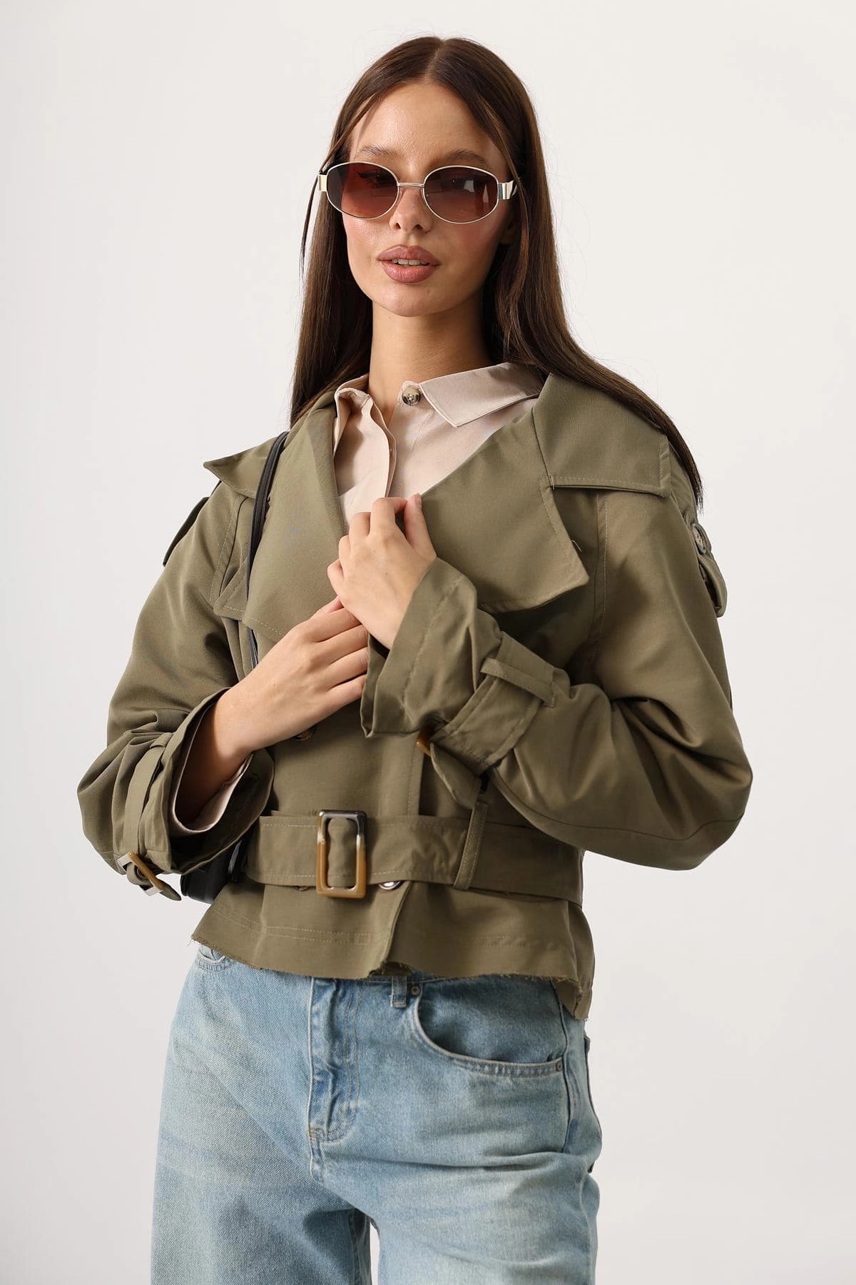 Khaki Cropped Trench Jacket Womens Belted Double Breasted Short Trench Coat - görsel 4