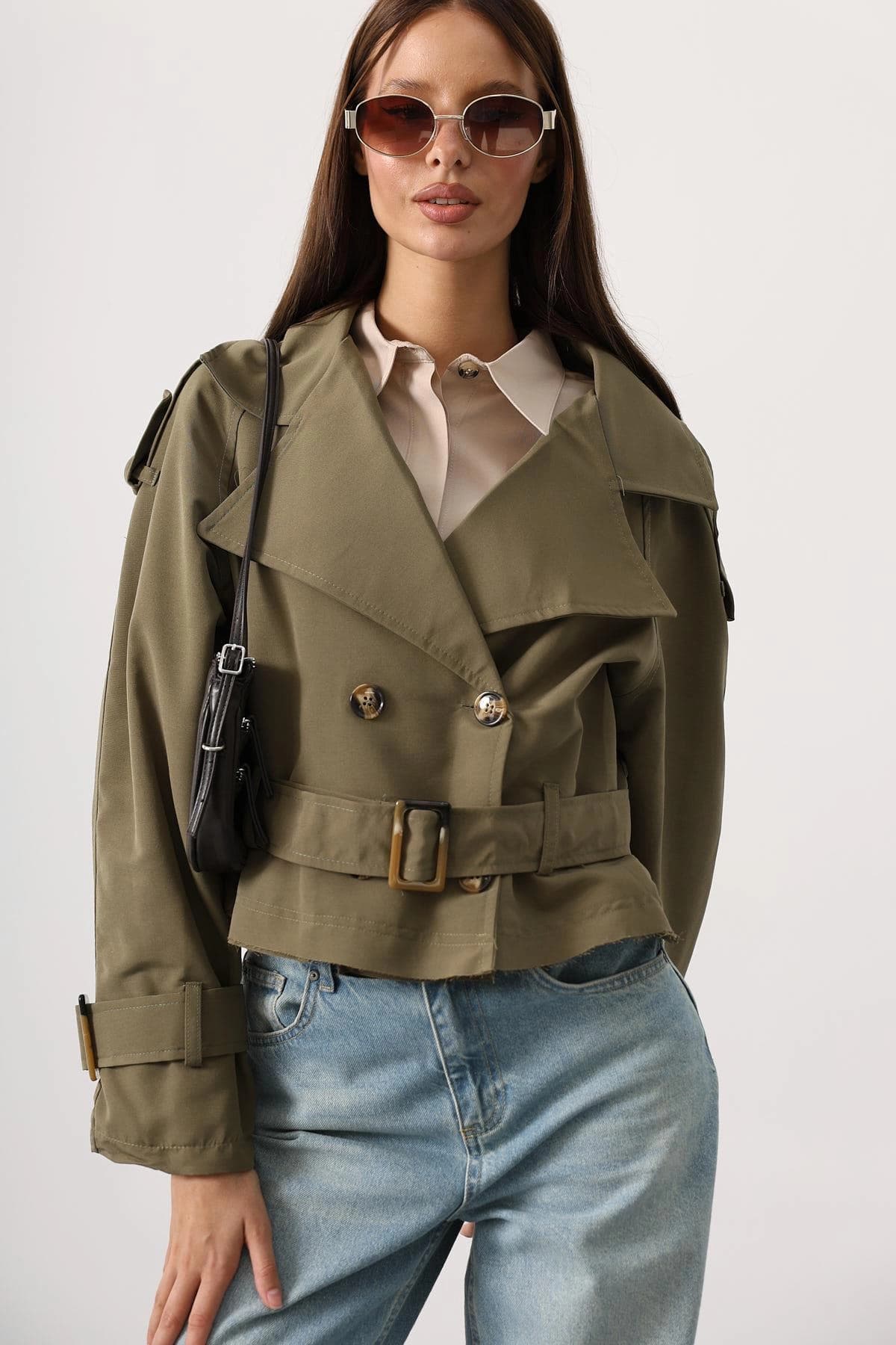 Khaki Cropped Trench Jacket Womens Belted Double Breasted Short Trench Coat - görsel 5