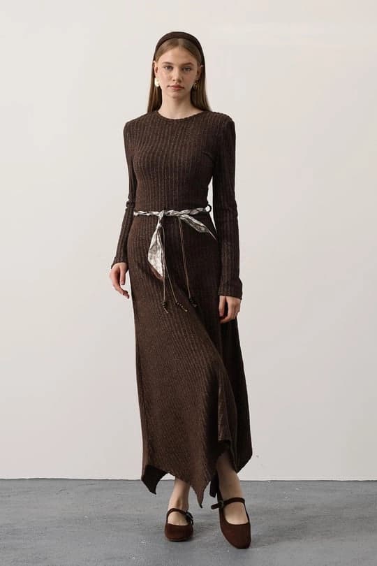 Knit Brown Maxi Dress | Long Sleeve Asymmetrical Dress | Modest Fall Winter Chic - görsel 1