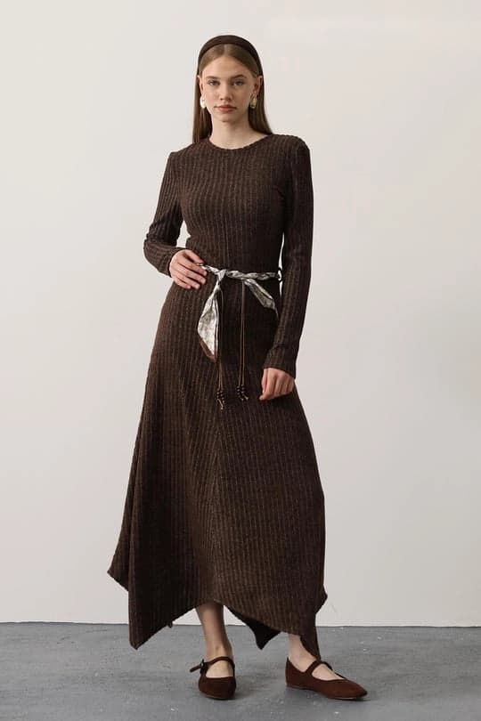 Knit Brown Maxi Dress | Long Sleeve Asymmetrical Dress | Modest Fall Winter Chic - ana görsel