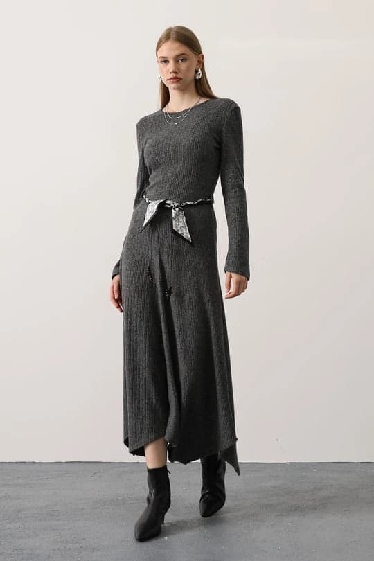 Knit Gray Maxi Dress | Long Sleeve Asymmetrical Dress | Modest Fall Winter Chic - ana görsel