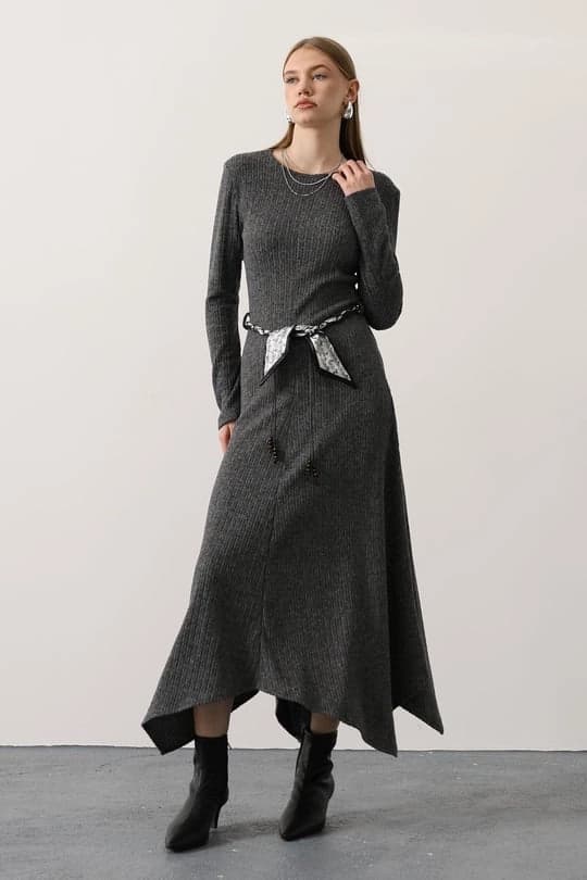 Knit Gray Maxi Dress | Long Sleeve Asymmetrical Dress | Modest Fall Winter Chic - görsel 1