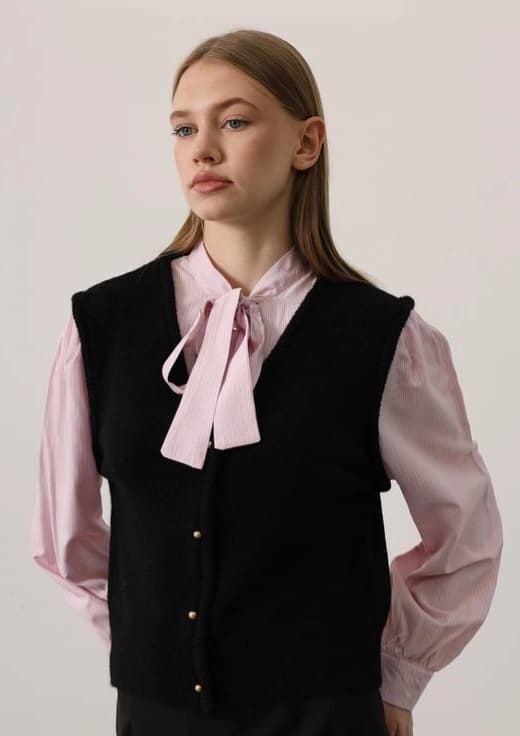 Layered Tie-Neck Shirt, Black V-Neck Sweater Vest Top, Elegant Fall Fashion Women's Clothing - ana görsel