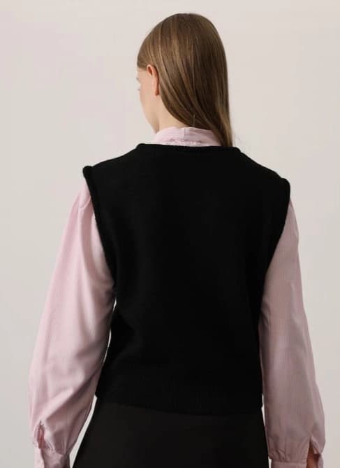 Layered Tie-Neck Shirt, Black V-Neck Sweater Vest Top, Elegant Fall Fashion Women's Clothing - görsel 2