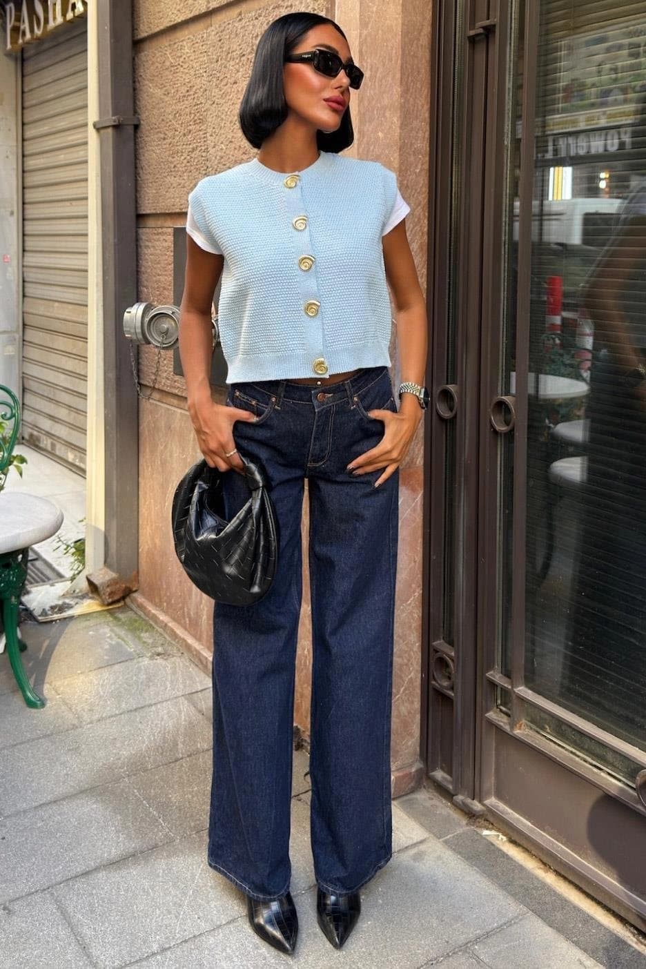 Light Blue Knit Vest Women | Sleeveless Button Cardigan | Textured Sweater Vest | Cropped Layering Top | Preppy Style - görsel 2