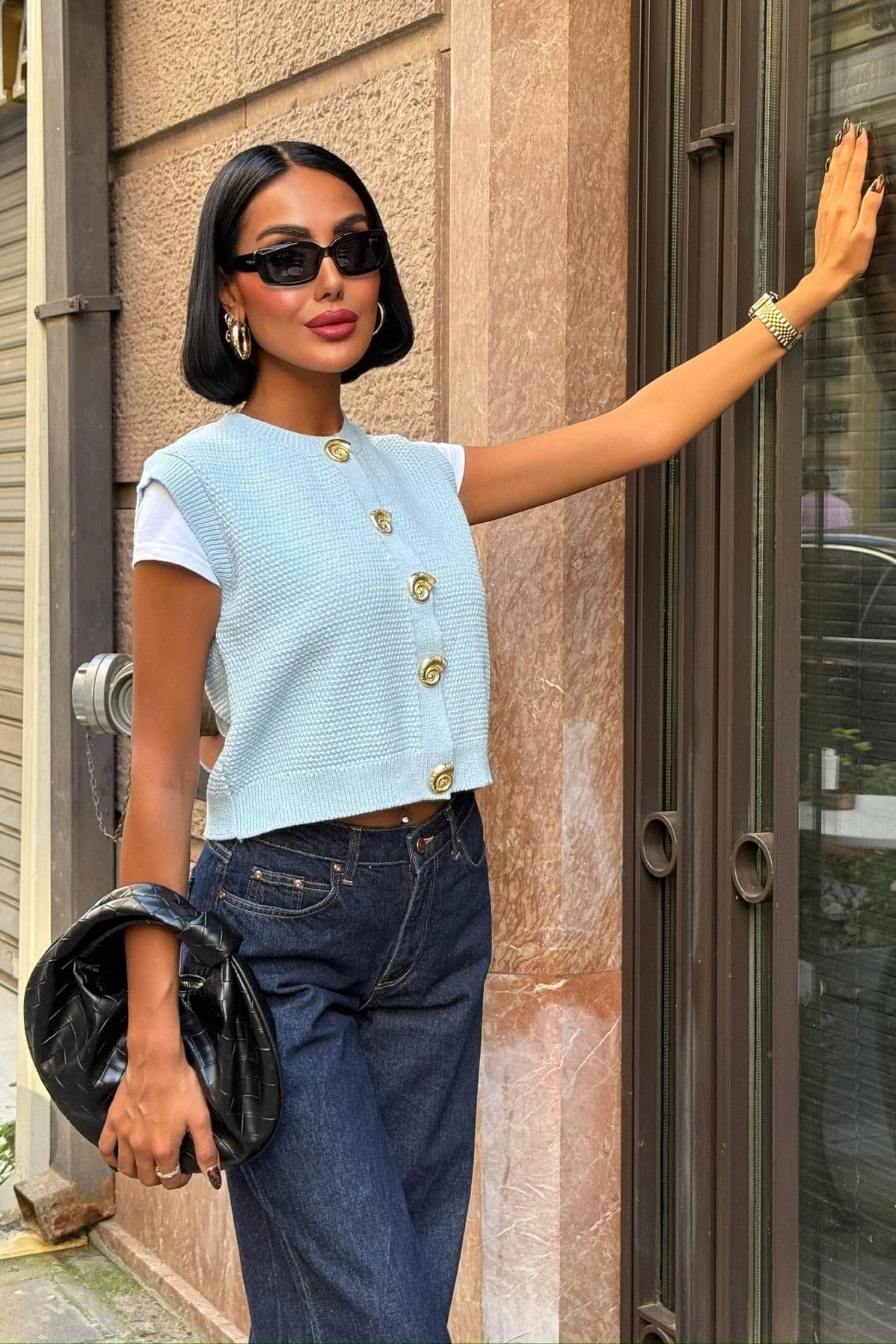 Light Blue Knit Vest Women | Sleeveless Button Cardigan | Textured Sweater Vest | Cropped Layering Top | Preppy Style - görsel 3