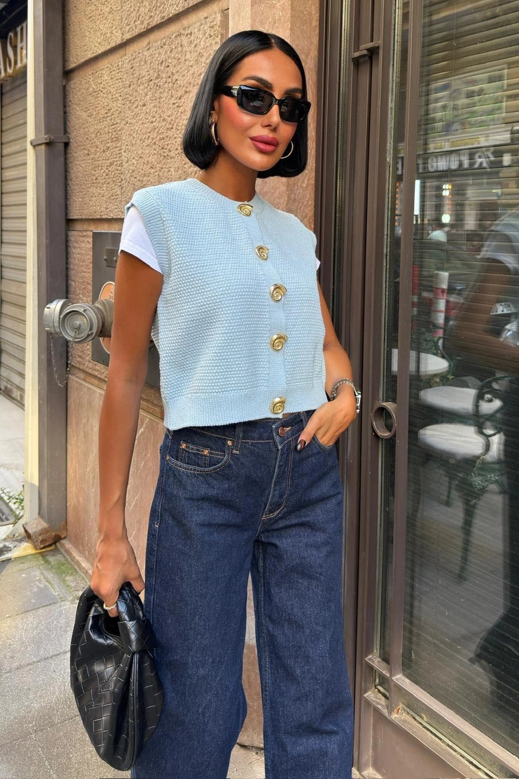 Light Blue Knit Vest Women | Sleeveless Button Cardigan | Textured Sweater Vest | Cropped Layering Top | Preppy Style - görsel 4