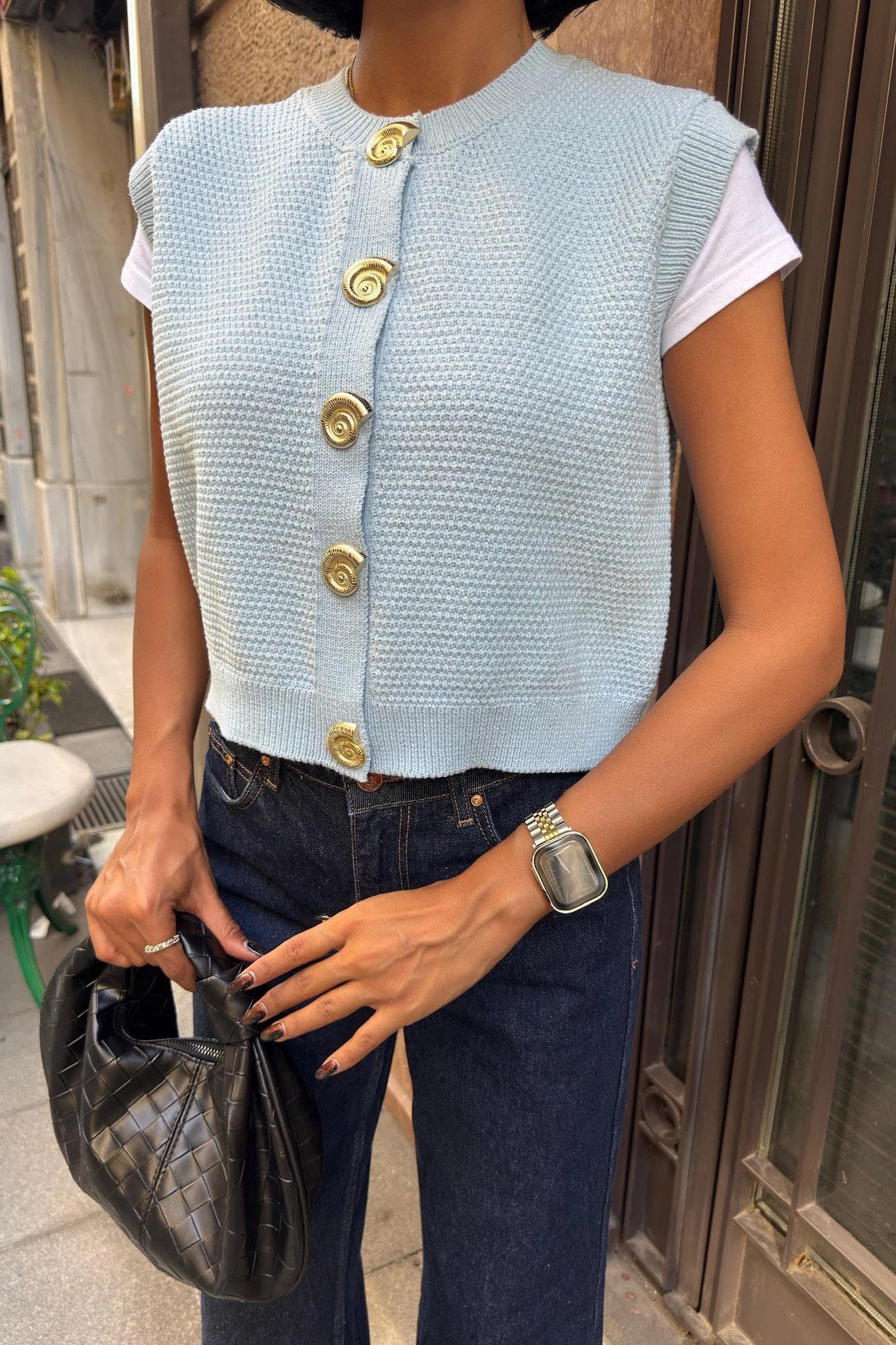 Light Blue Knit Vest Women | Sleeveless Button Cardigan | Textured Sweater Vest | Cropped Layering Top | Preppy Style