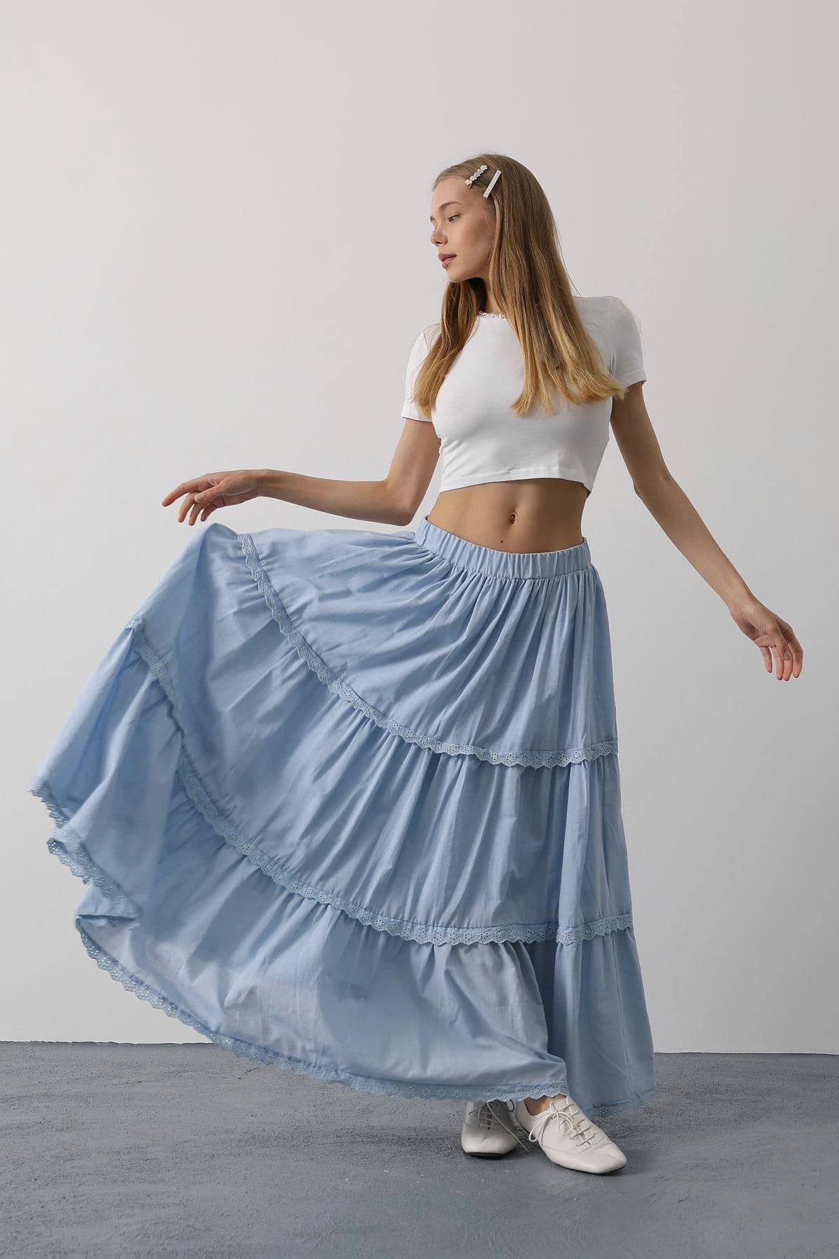 Light Blue Tiered Elastic Waist Maxi Skirt