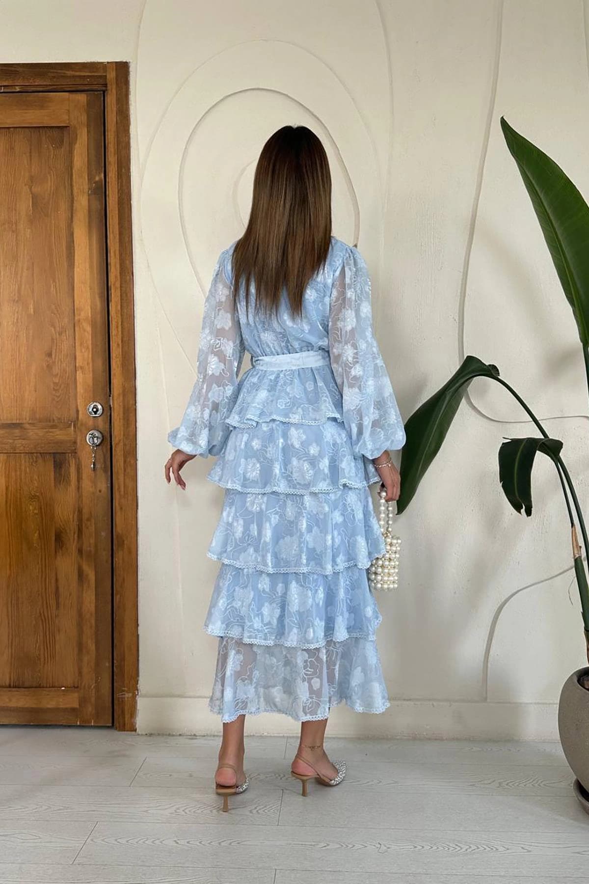 Light Blue Tiered Maxi Dress | Cottagecore Prairie Dress with Puff Sleeves & Lace Collar | Vintage Button Down Long Dress - görsel 5