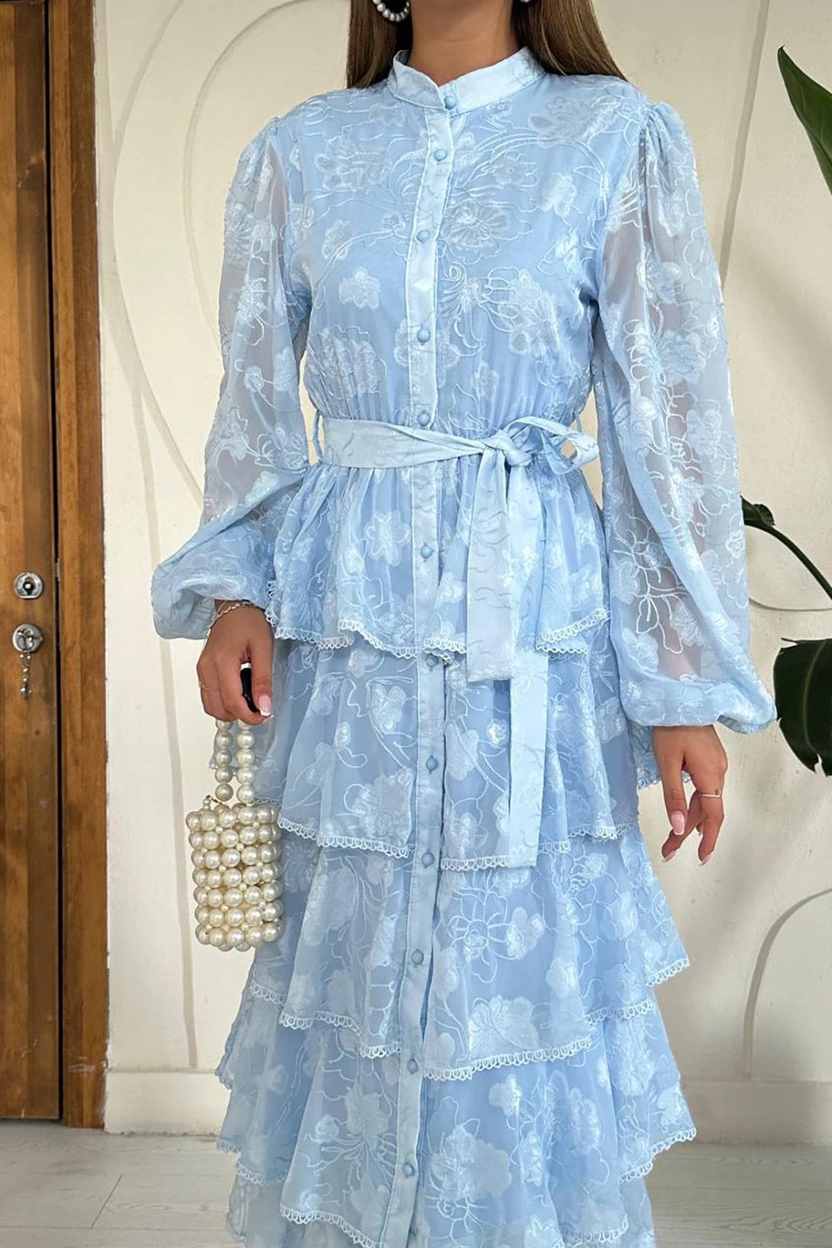 Light Blue Tiered Maxi Dress | Cottagecore Prairie Dress with Puff Sleeves & Lace Collar | Vintage Button Down Long Dress - ana görsel